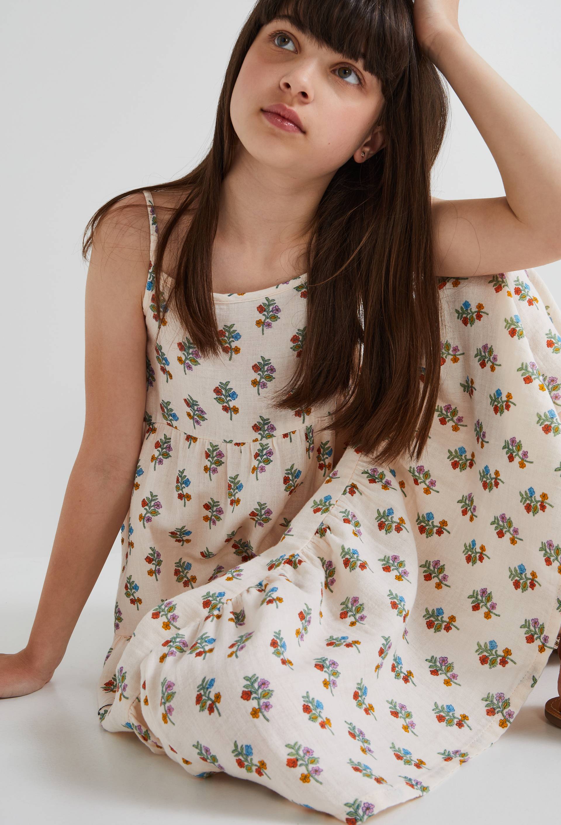 Robe midi à bretelles imprimée en coton BIO GOTS, Ecru, large image number 1