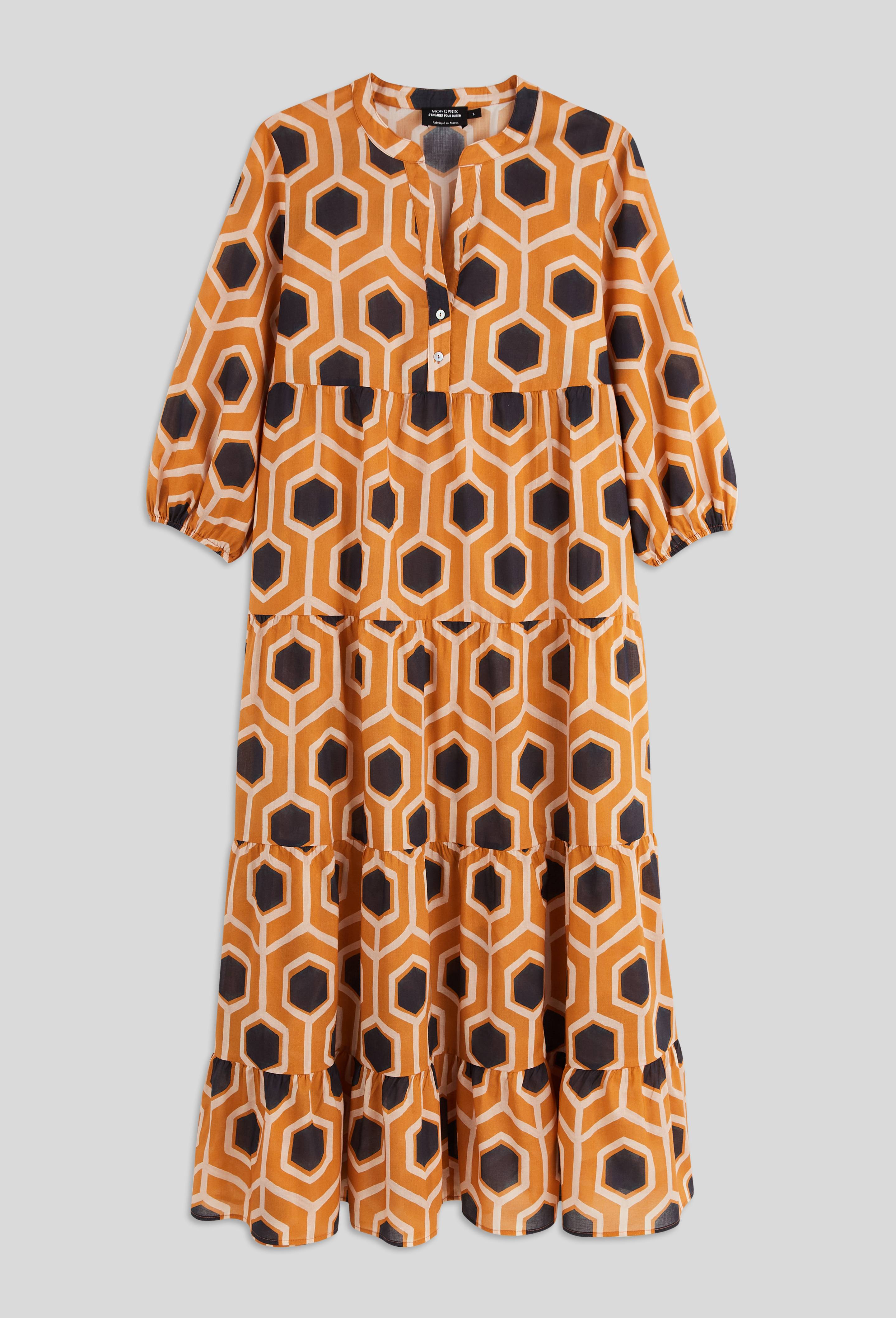Robe longue imprim&eacute;e en coton, Orange clair, large image number 2