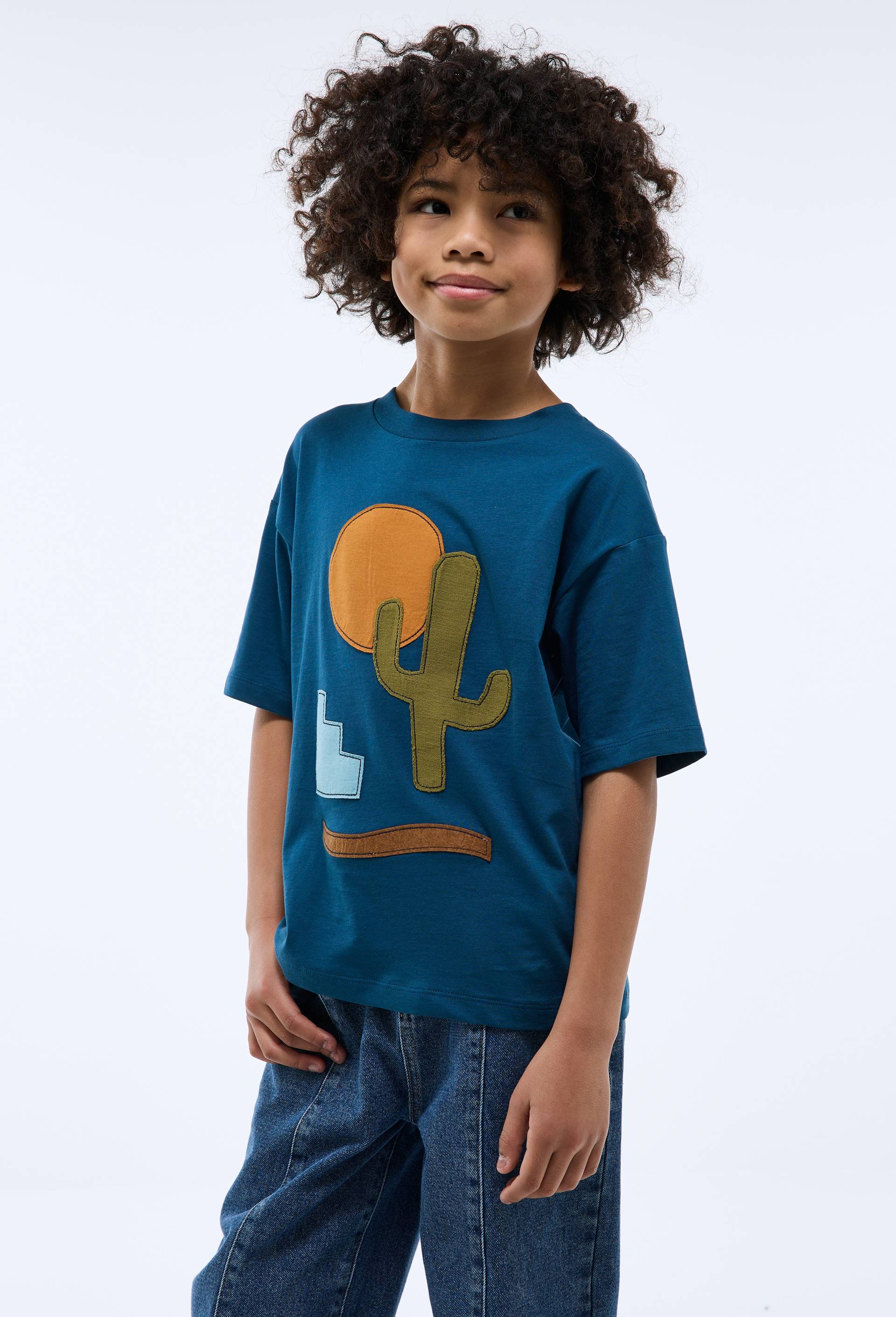 T-shirt manches courtes imprimé avec broderie en coton BIO GOTS, Bleu foncé, large image number 0