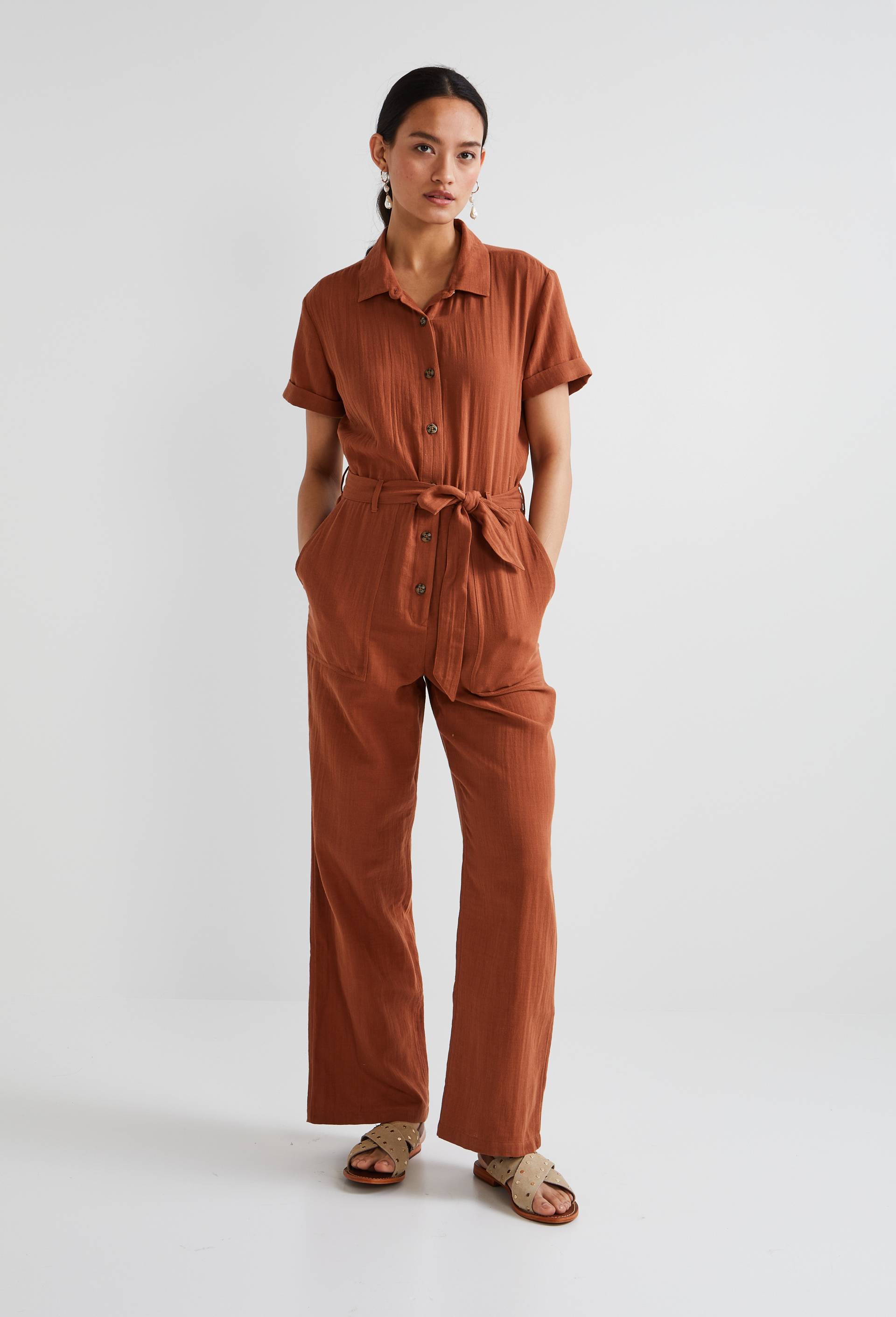 Combinaison pantalon manches courtes en coton BIO GOTS, Brun, large image number 1