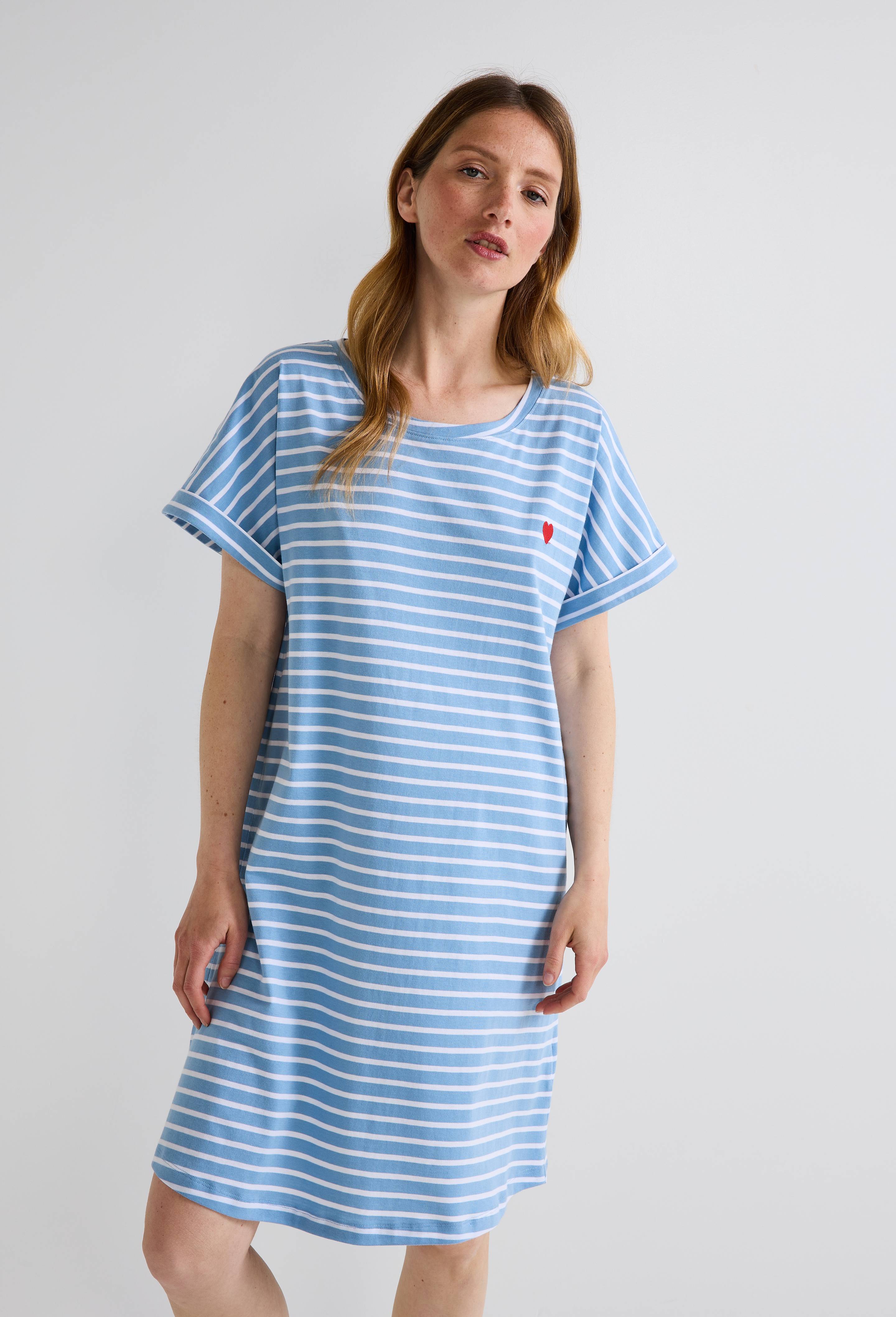 Chemise de nuit manches courtes rayée en coton BIO GOTS, Bleu clair, swatch image