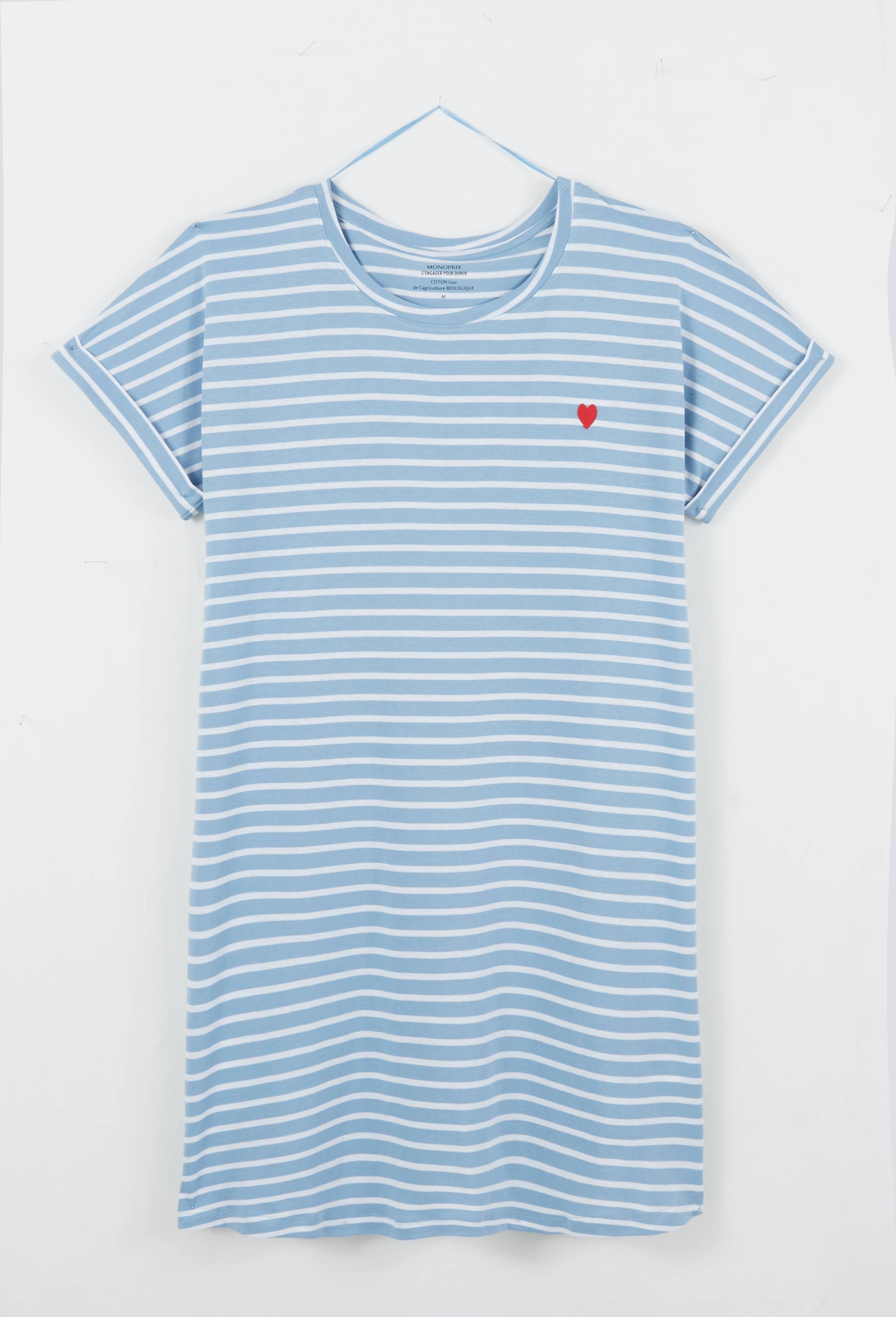 Chemise de nuit manches courtes rayée en coton BIO GOTS, Bleu clair, large image number 2