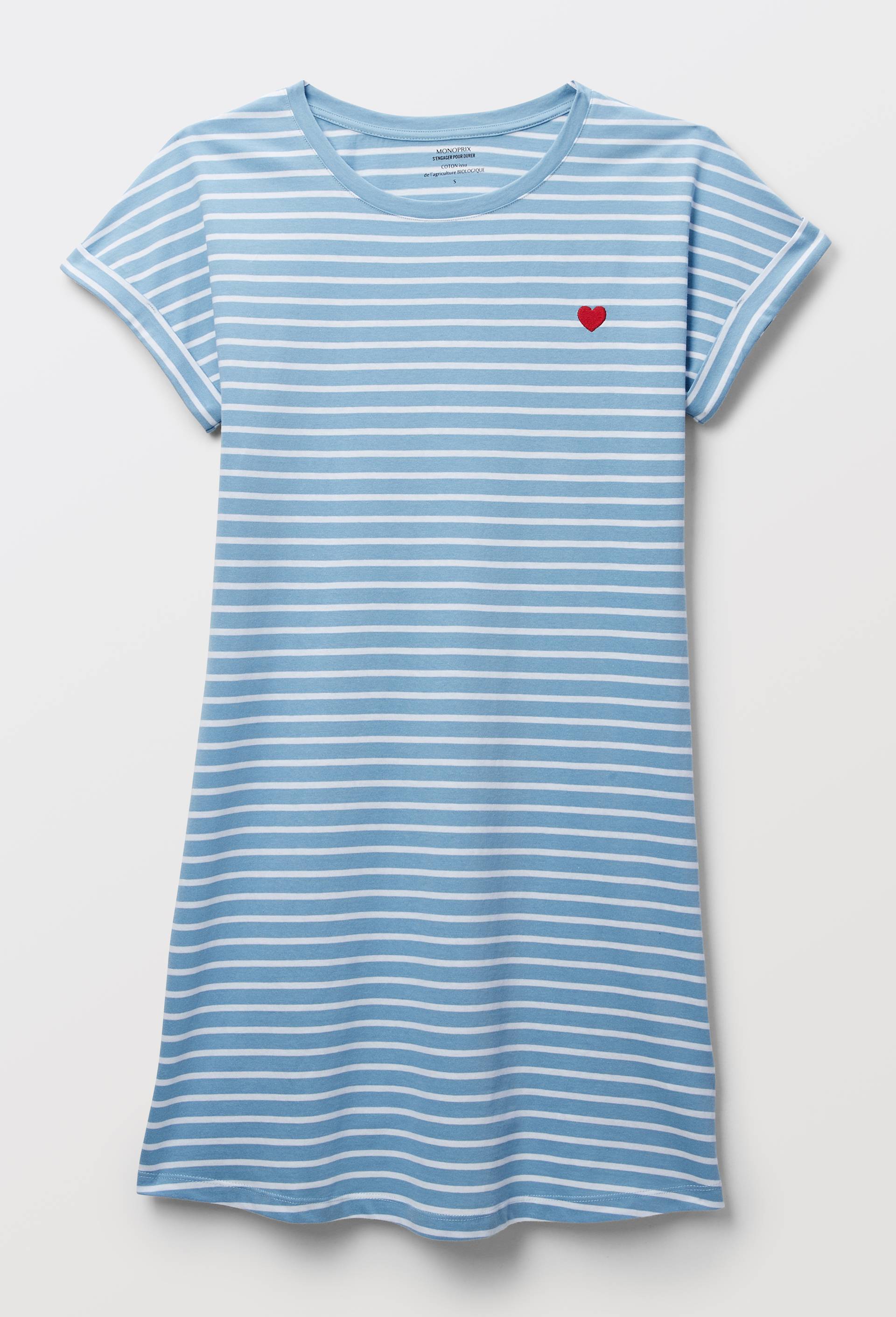 Chemise de nuit manches courtes ray&eacute;e en coton BIO GOTS, Bleu clair, large image number 2.0