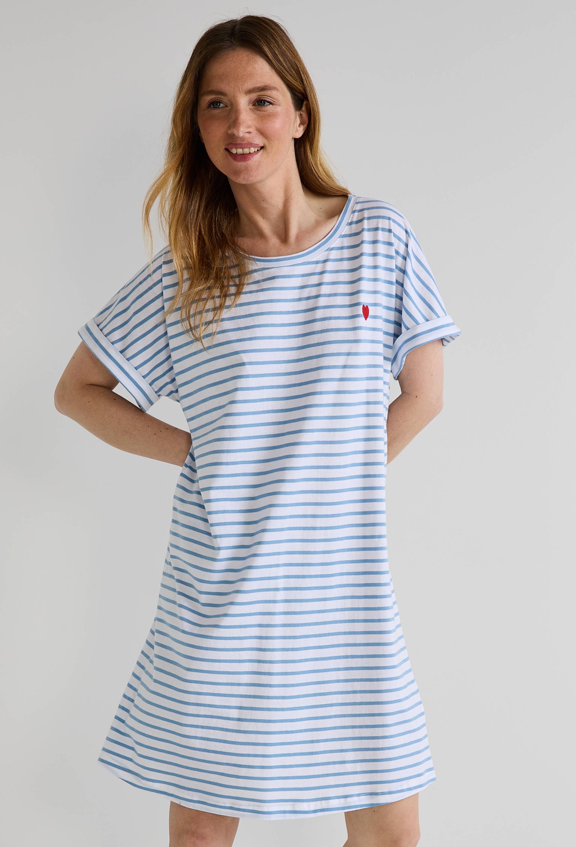 Chemise de nuit manches courtes rayée en coton BIO GOTS, Ecru, swatch image