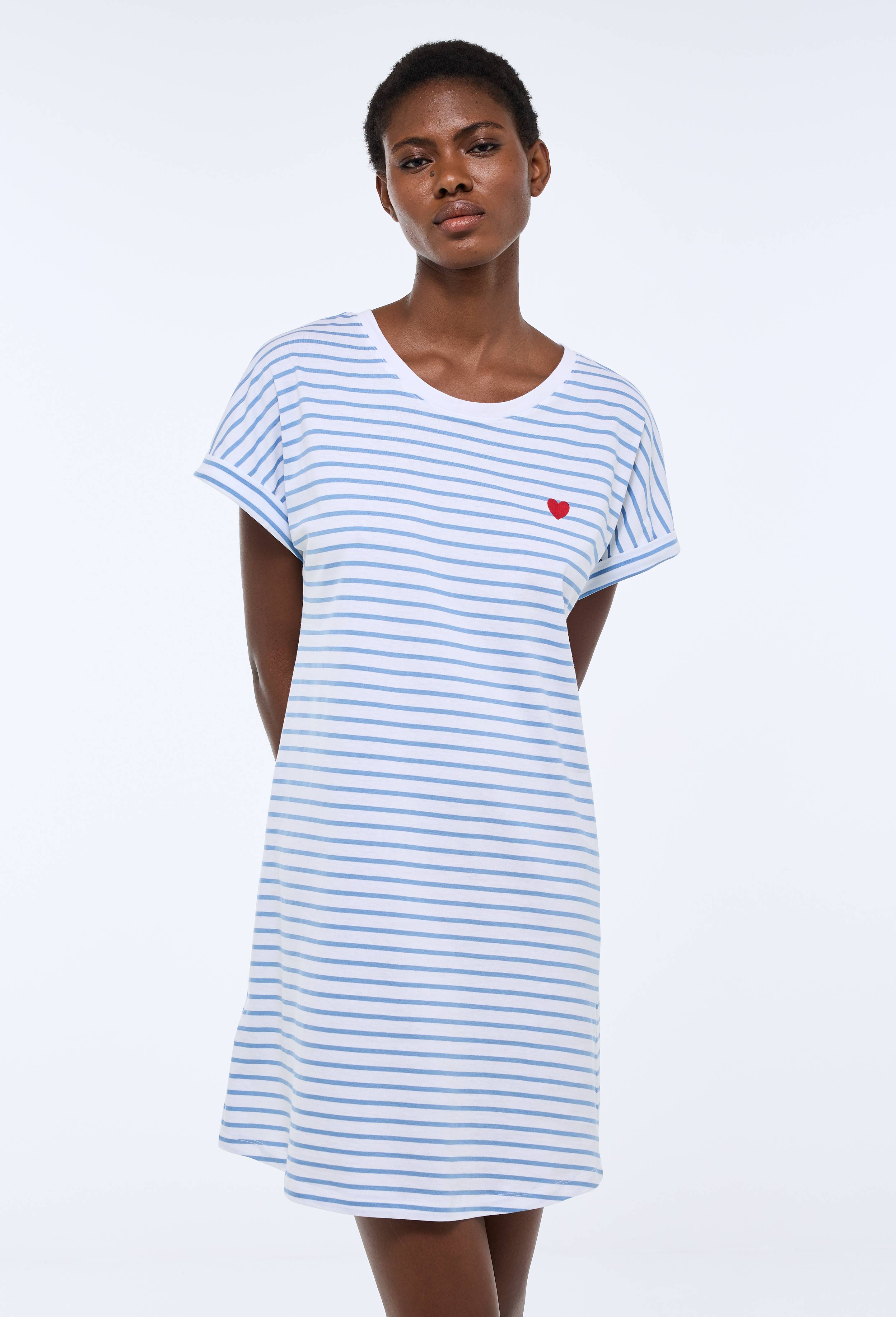 Chemise de nuit manches courtes ray&eacute;e en coton BIO GOTS, Ecru, swatch image
