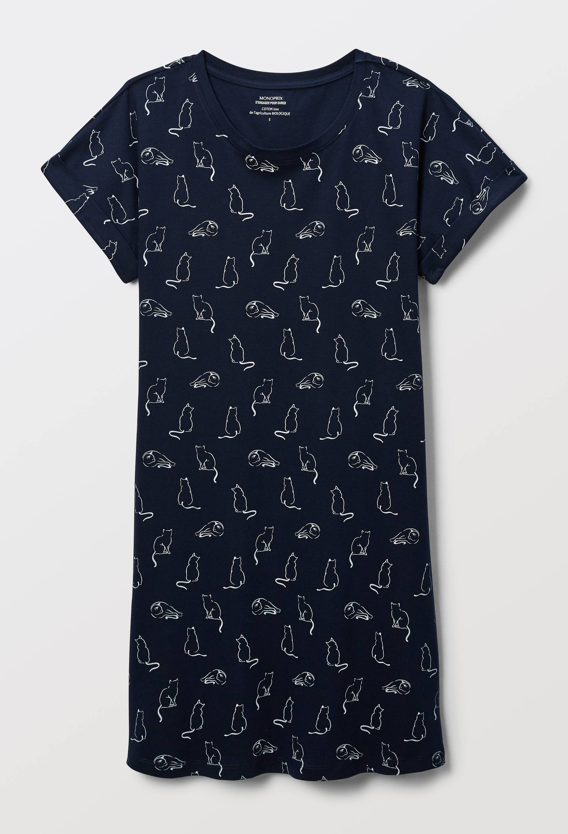 Chemise de nuit manches courtes imprim&eacute;e en coton BIO GOTS, Bleu fonc&eacute;, large image number 2