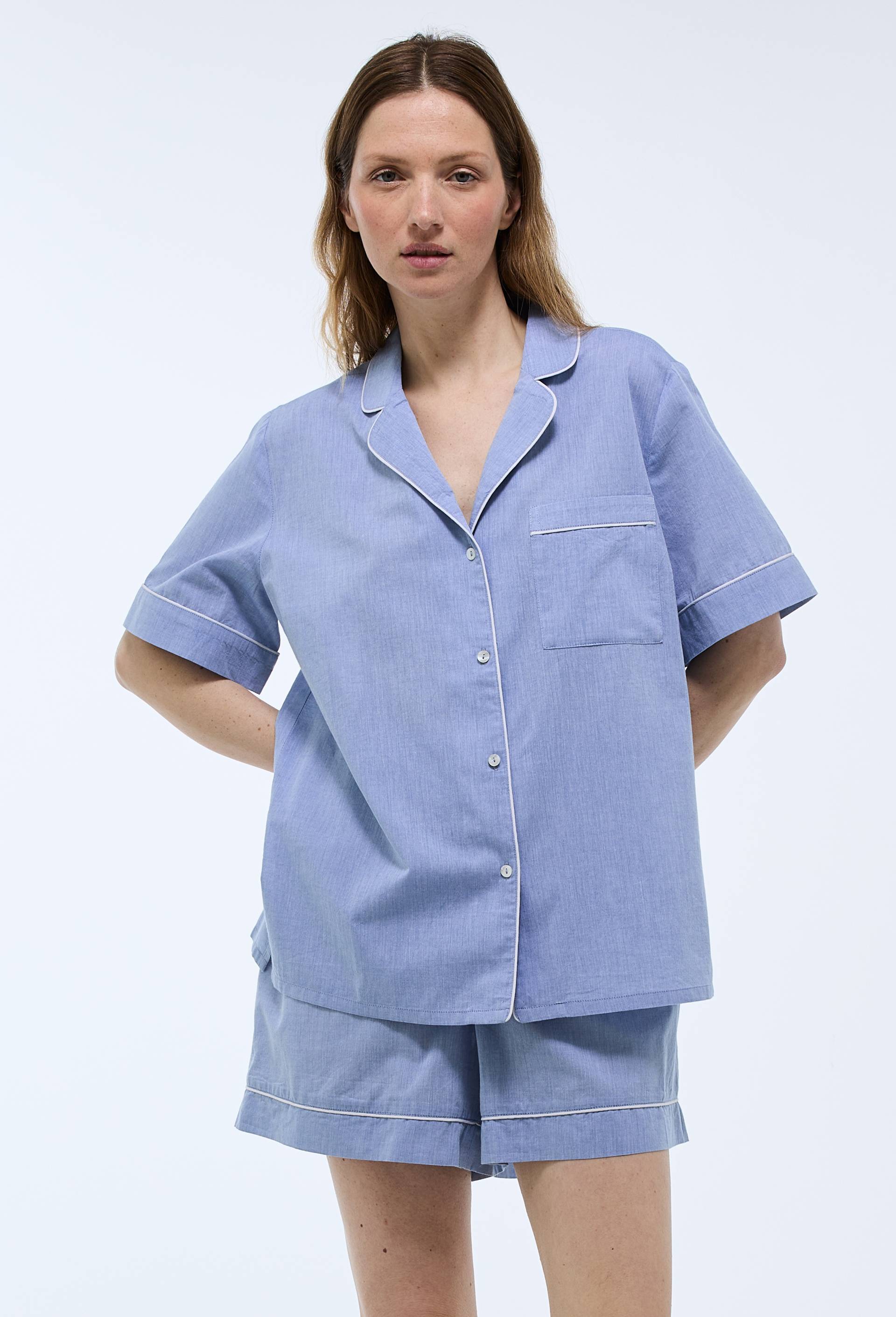 Pyjashort manches courtes uni en coton BIO GOTS, Bleu clair, large image number 0