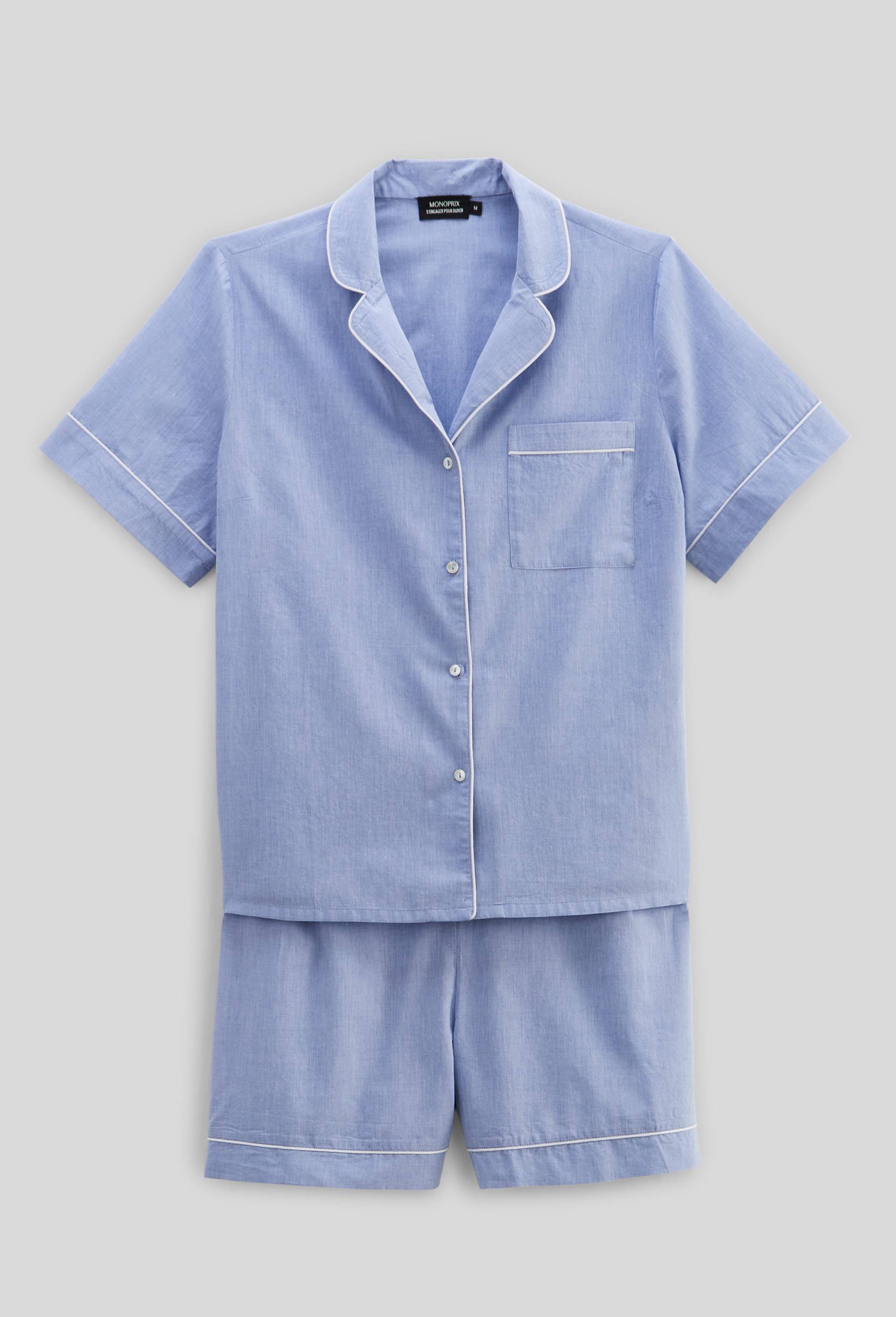 Pyjashort manches courtes uni en coton BIO GOTS, Bleu clair, large image number 2.0