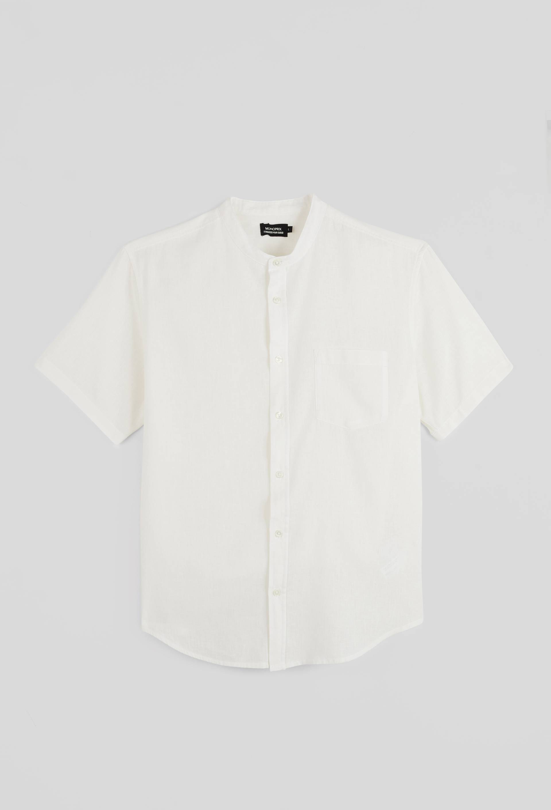 Chemise manches courtes col mao en lin, Beige clair, swatch image