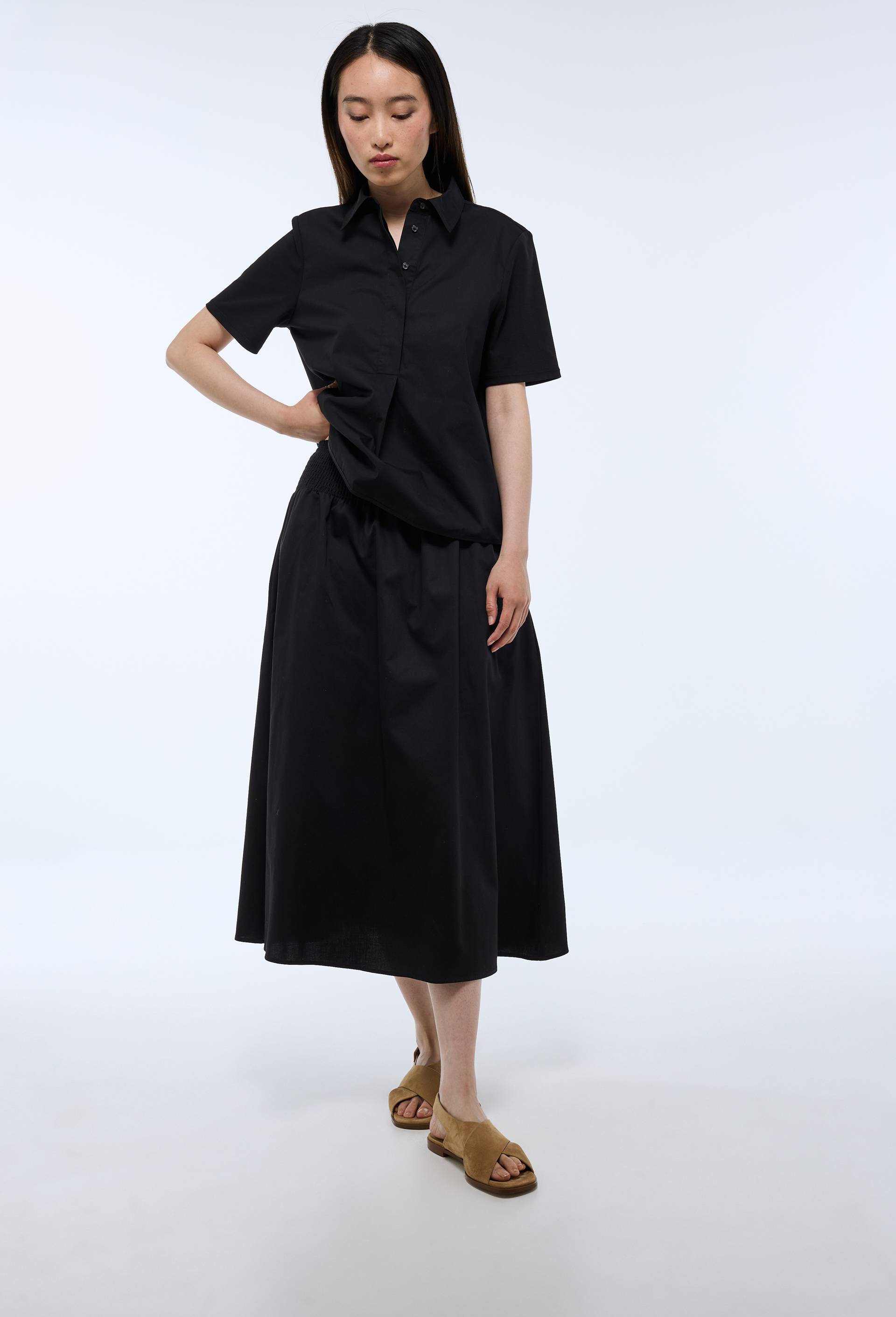 Jupe midi taille smock&eacute;e unie en coton BIO GOTS, Noir, large image number 0