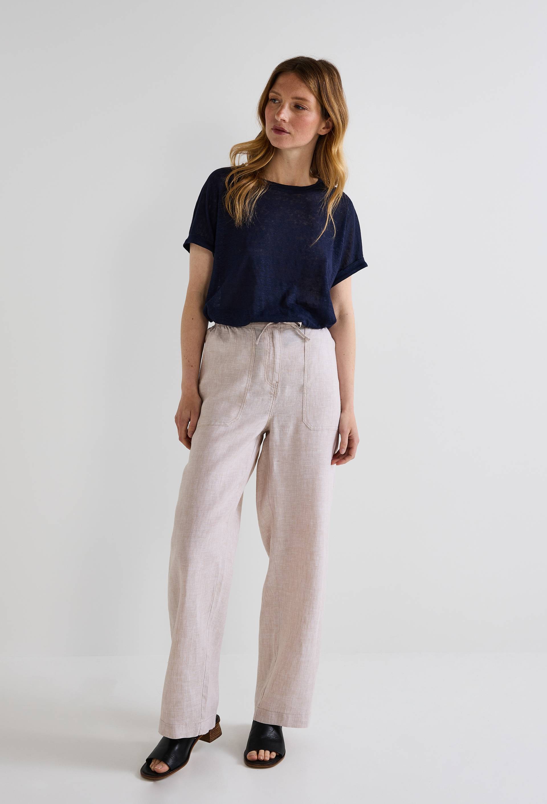 Pantalon taille semi-élastiquée uni en lin, Beige clair, swatch image