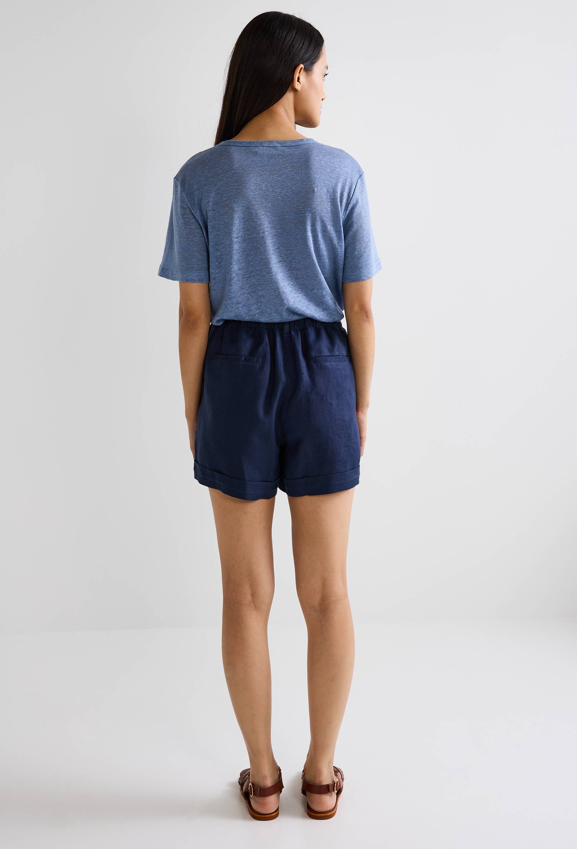 Short taille semi &eacute;lastiqu&eacute;e uni en lin, Bleu fonc&eacute;, large image number 1.0