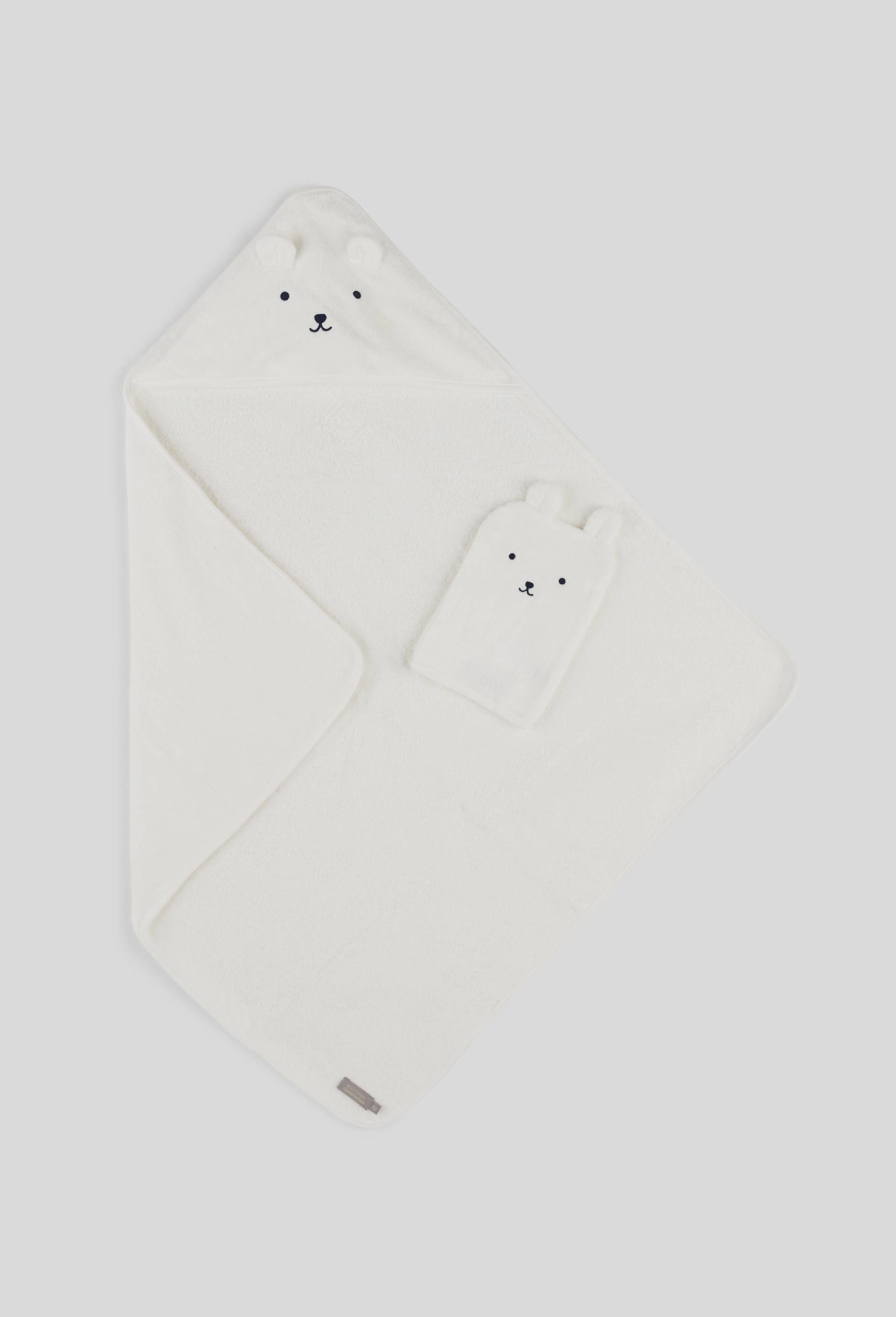Coffret cape de bain et gant de toilette brod&eacute;s en coton BIO, Ecru, large image number 0