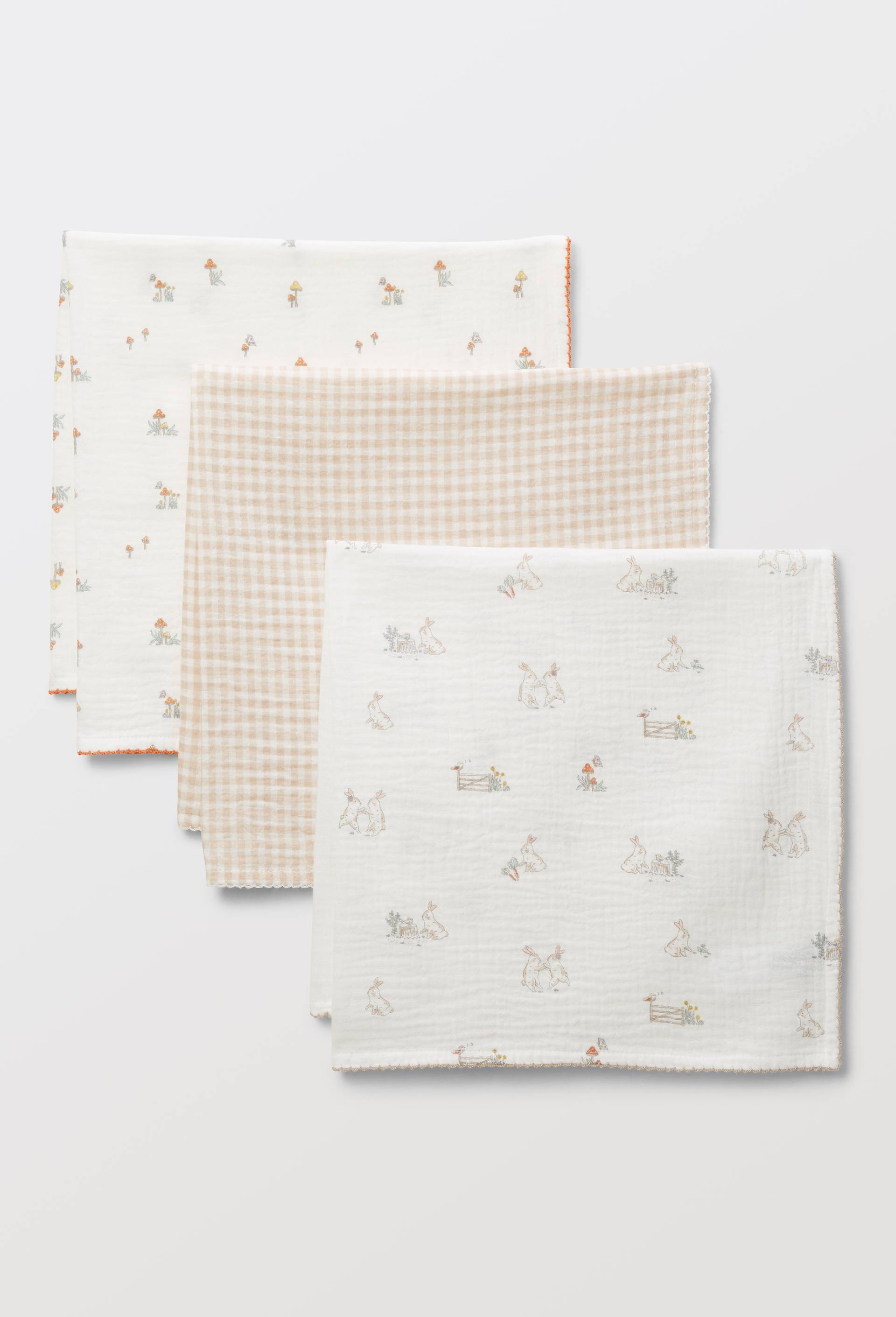 Lot de 3 langes imprim&eacute;s en gaze de coton BIO GOTS, Ecru, large image number 1.0
