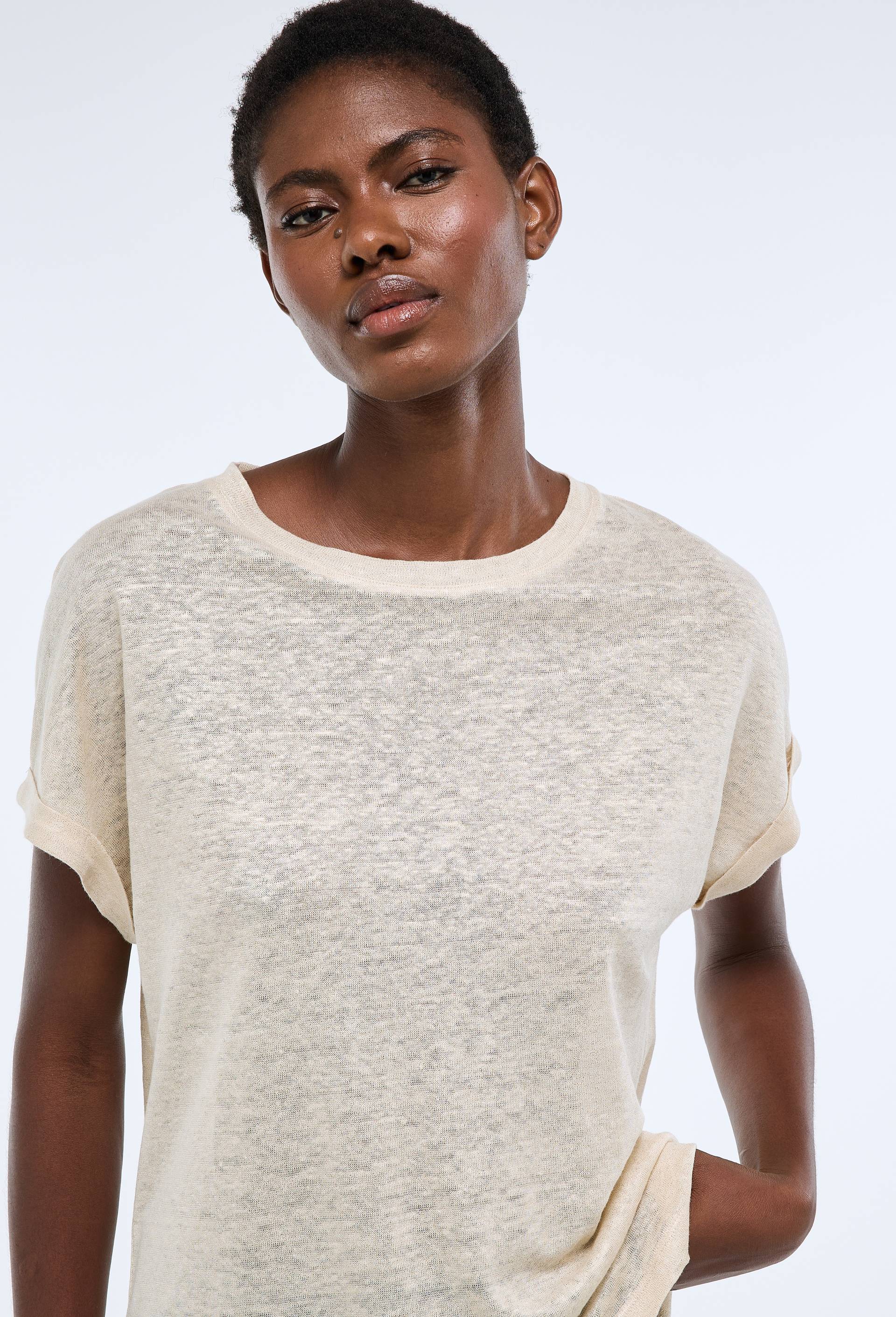T-shirt manches &agrave; revers m&eacute;tallis&eacute; en lin, Beige clair, swatch image