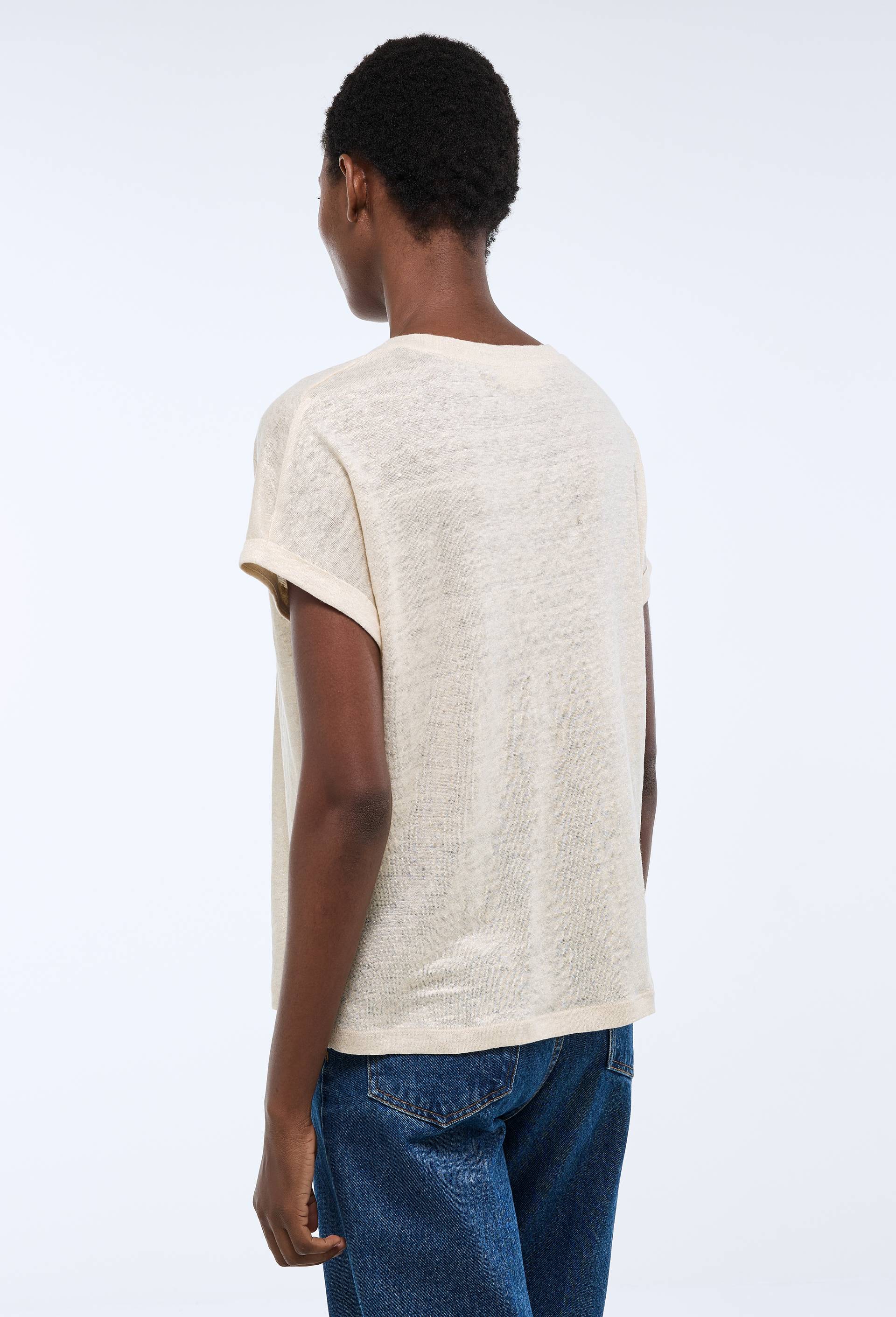 T-shirt manches &agrave; revers m&eacute;tallis&eacute; en lin, Beige clair, large image number 1