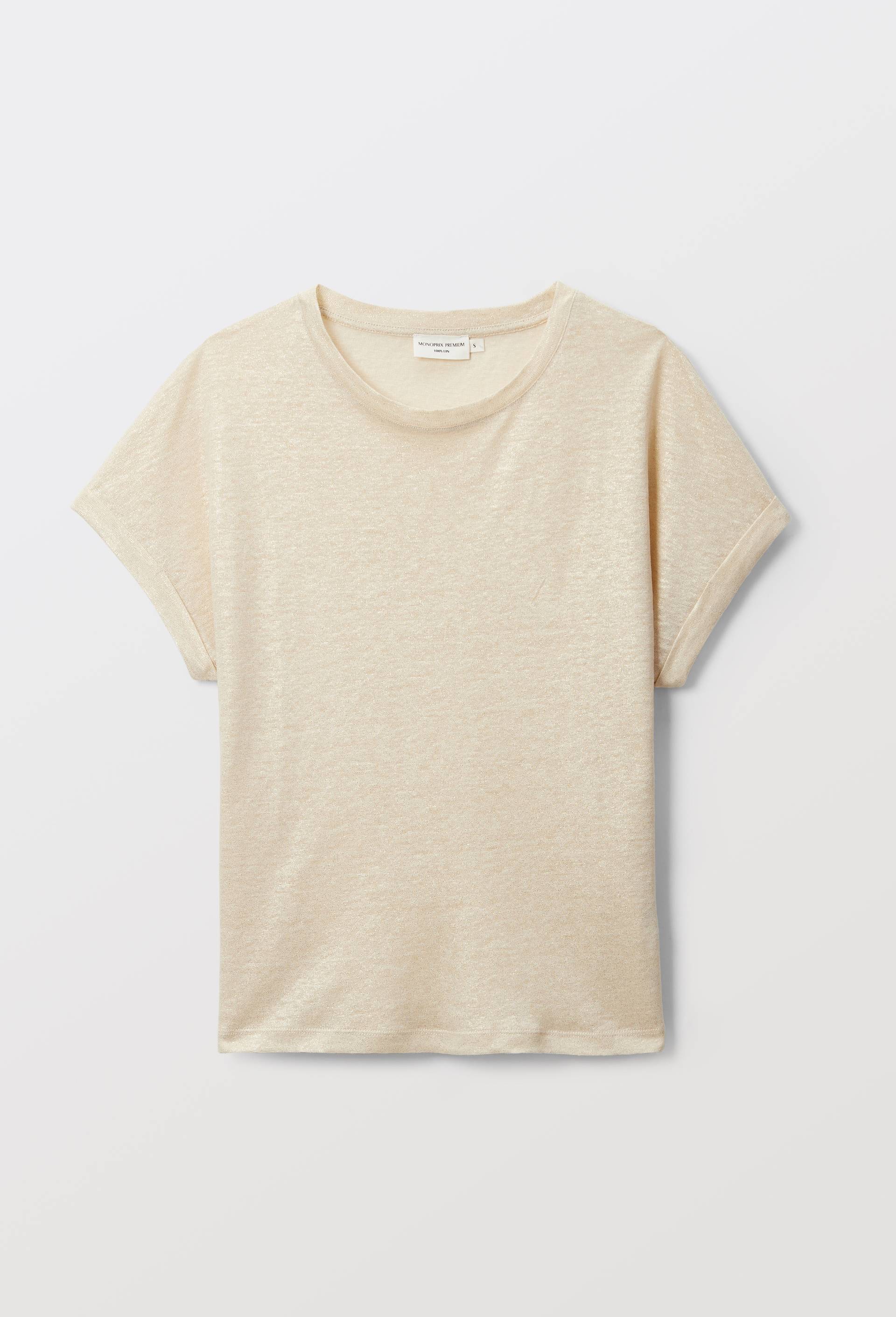 T-shirt manches &agrave; revers m&eacute;tallis&eacute; en lin, Beige clair, large image number 2