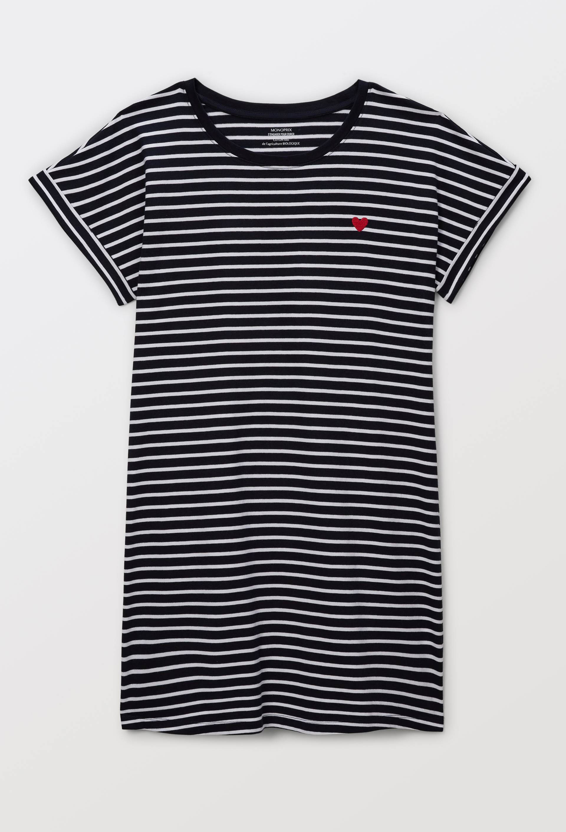 Chemise de nuit manches courtes rayée en coton BIO GOTS, Bleu foncé, large image number 2.0