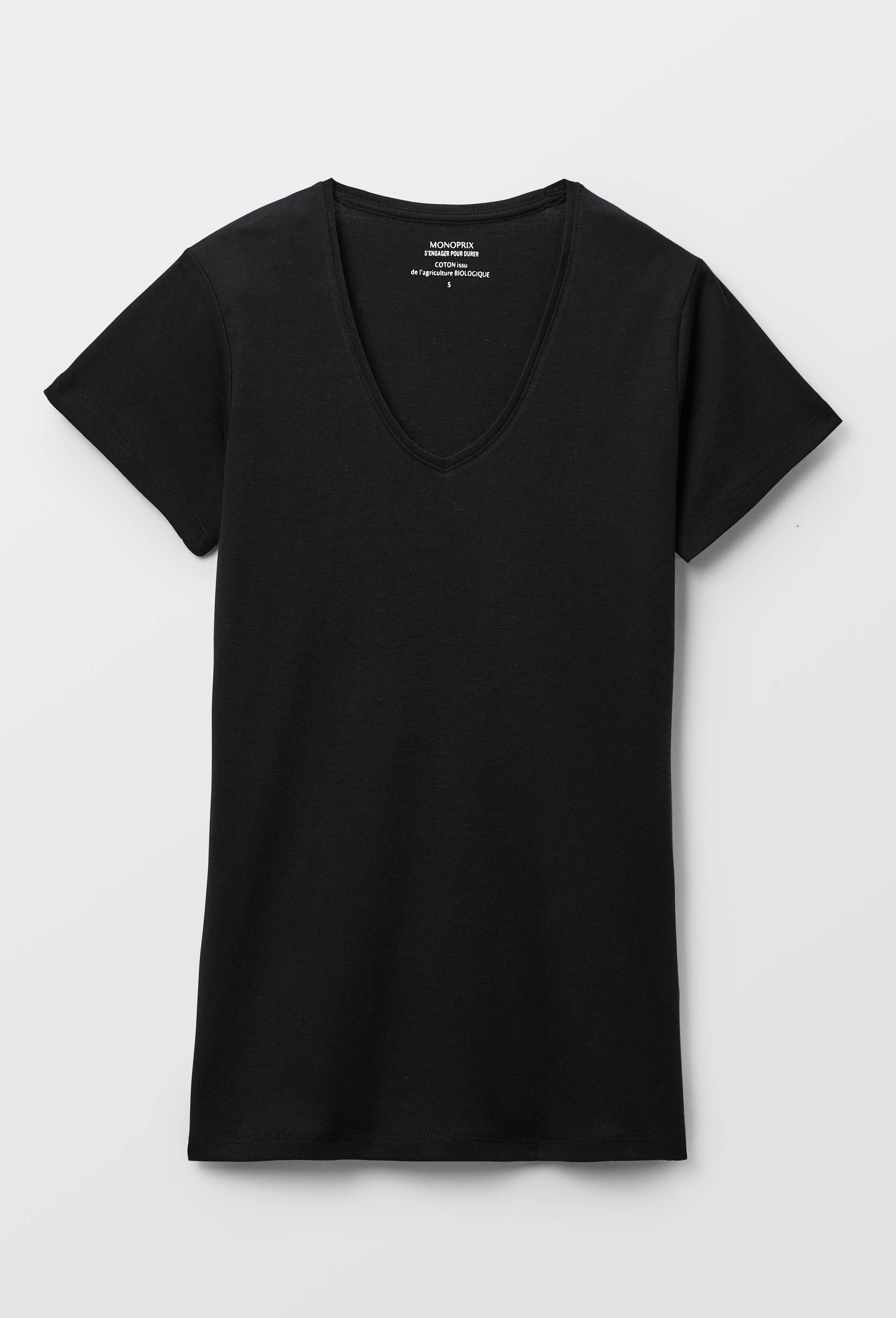 T-shirt col V uni en coton BIO GOTS, Noir, large image number 2