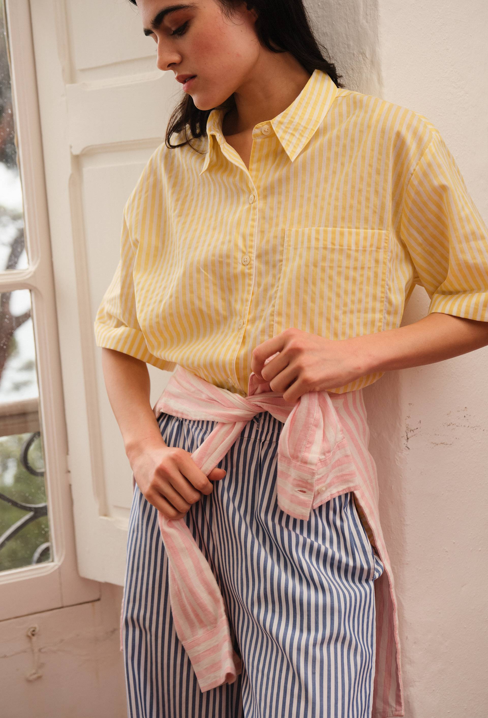 Chemise manches courtes ray&eacute;e en coton, Jaune clair, large image number 1
