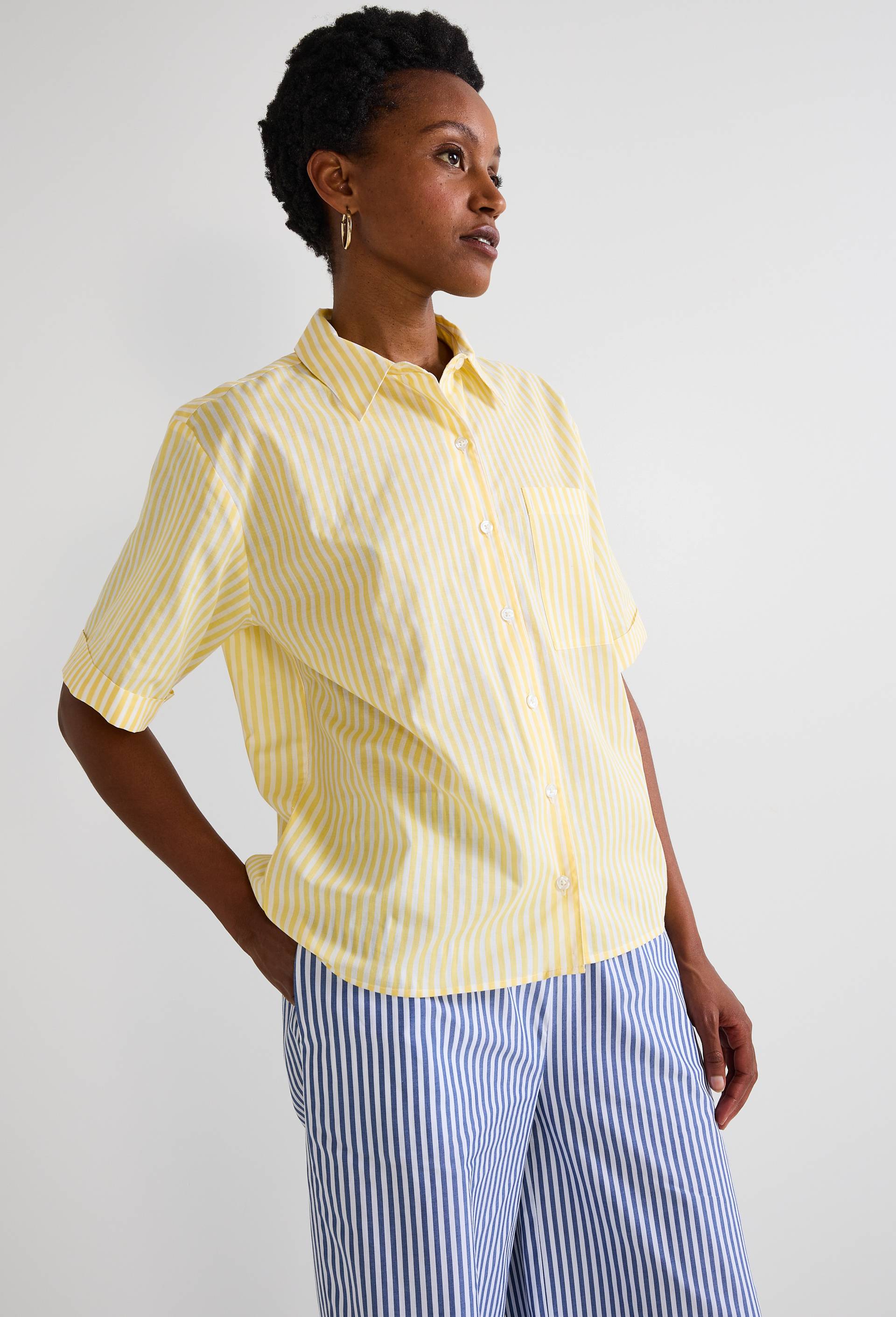 Chemise manches courtes ray&eacute;e en coton, Jaune clair, large image number 4