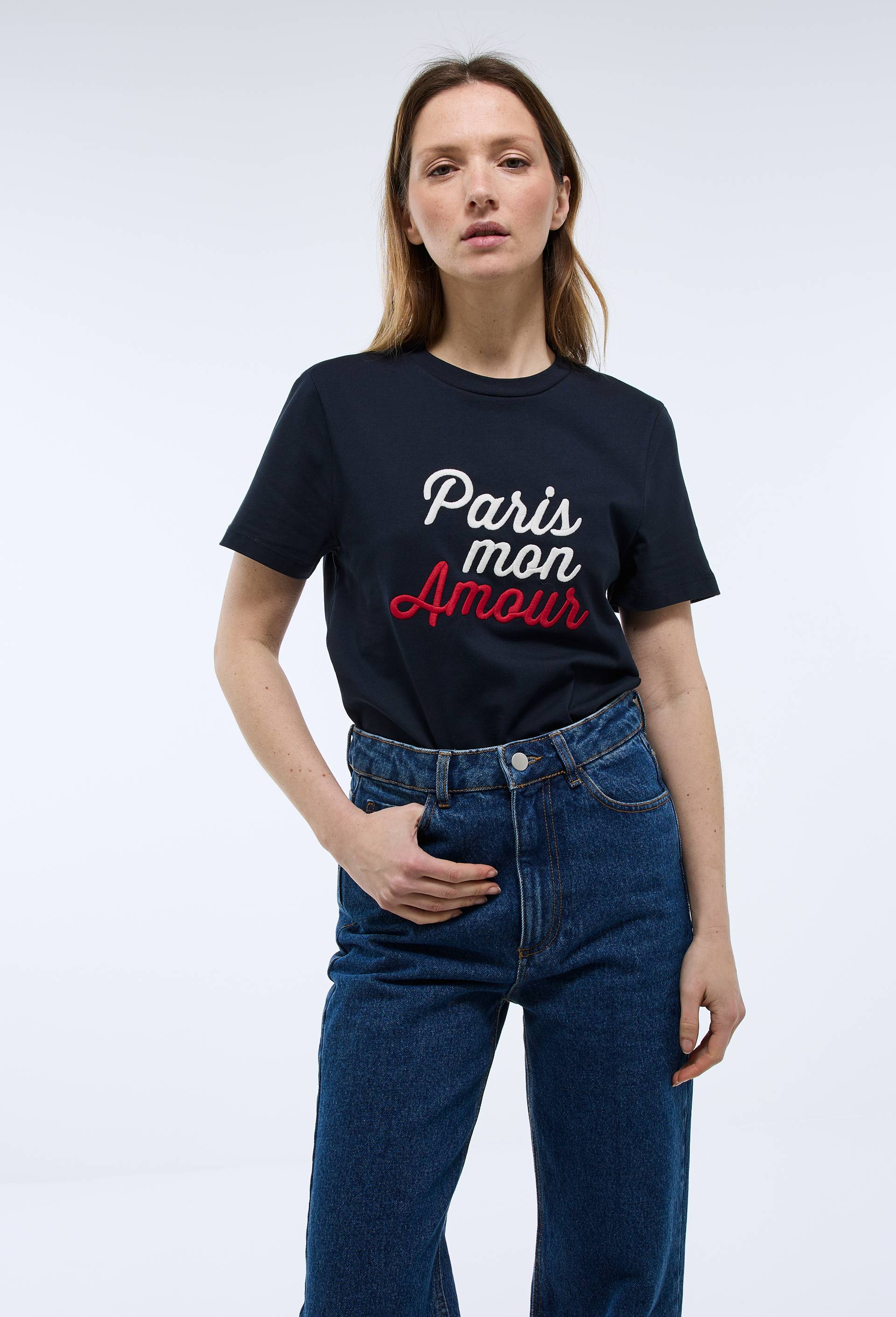 T-shirt manches courtes avec broderie en coton, Bleu fonc&eacute;, large image number 0