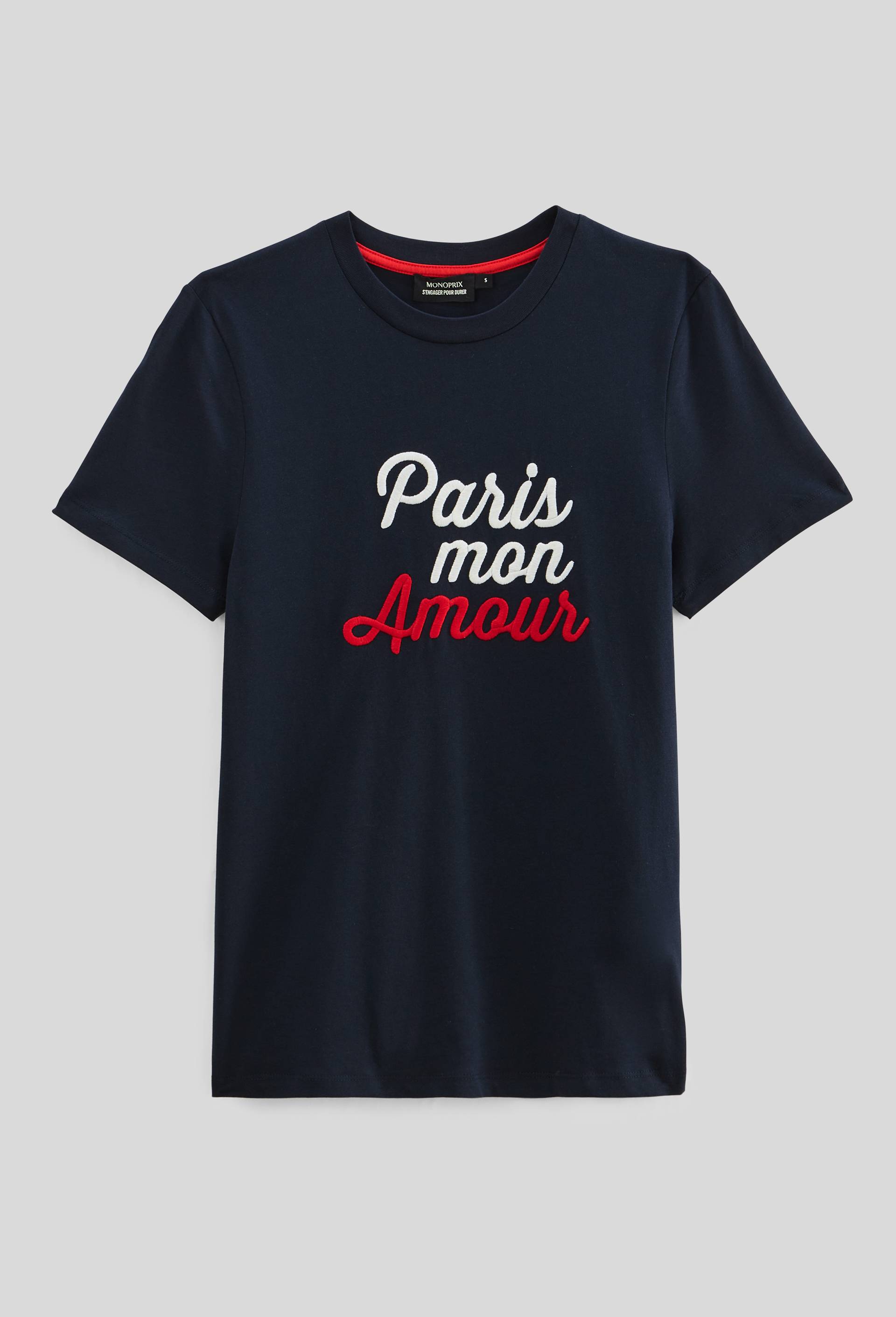 T-shirt manches courtes avec broderie en coton, Bleu fonc&eacute;, large image number 2