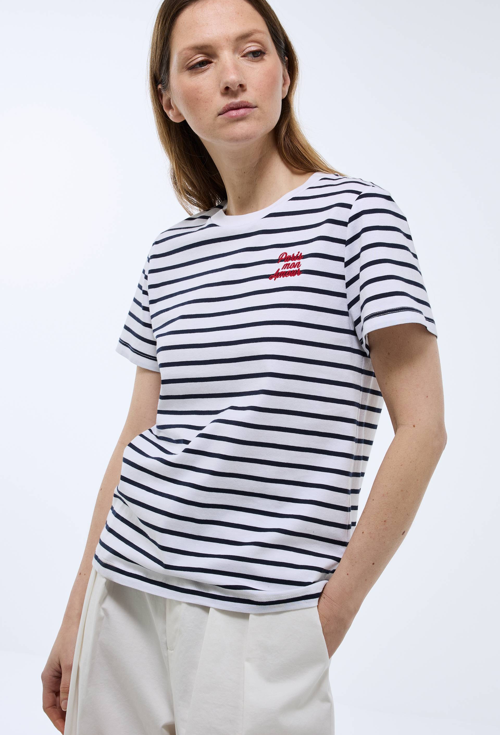 T-shirt manches courtes avec broderie en coton, Blanc, large image number 0