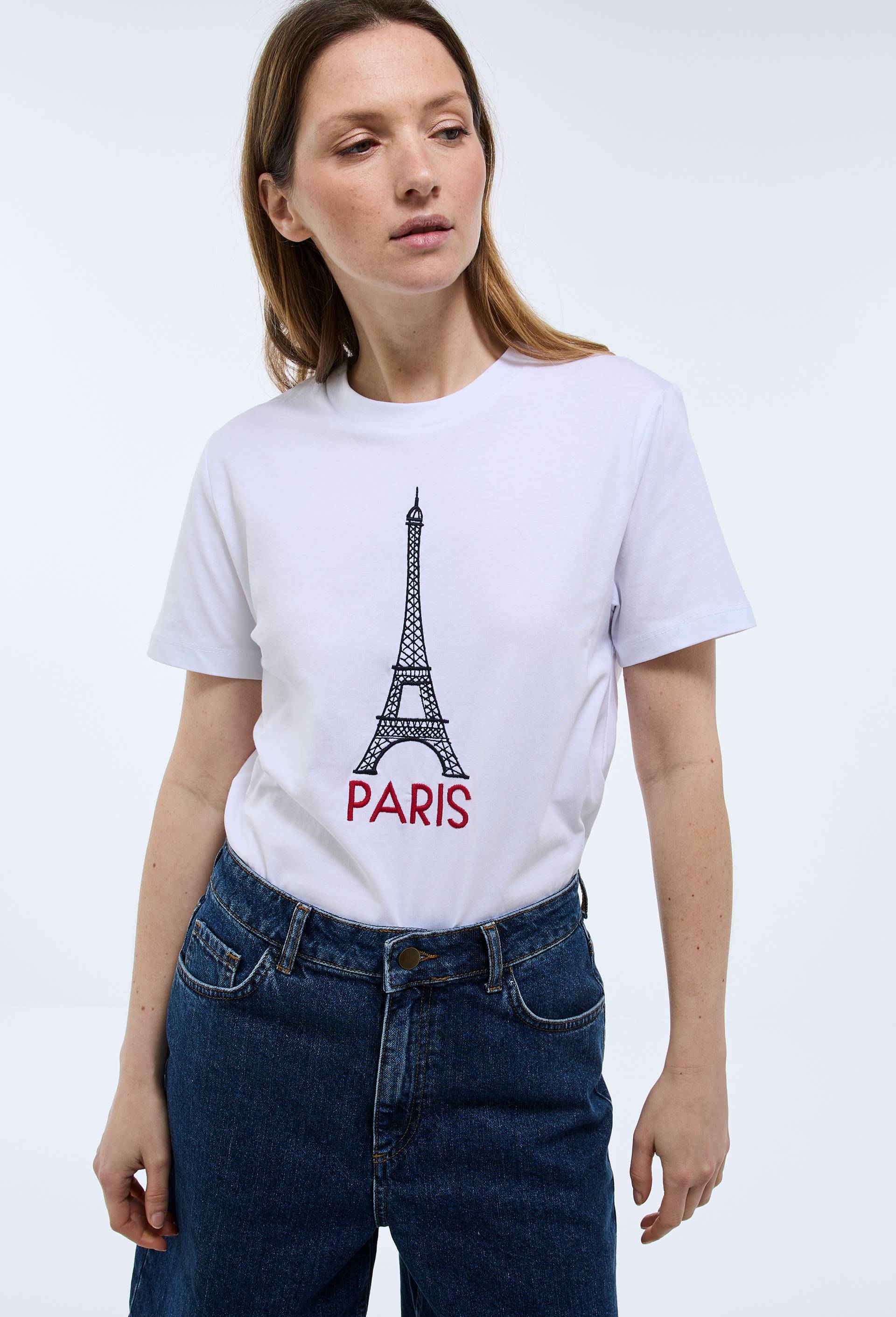 T-shirt manches courtes avec broderie en coton, Blanc, large image number 0