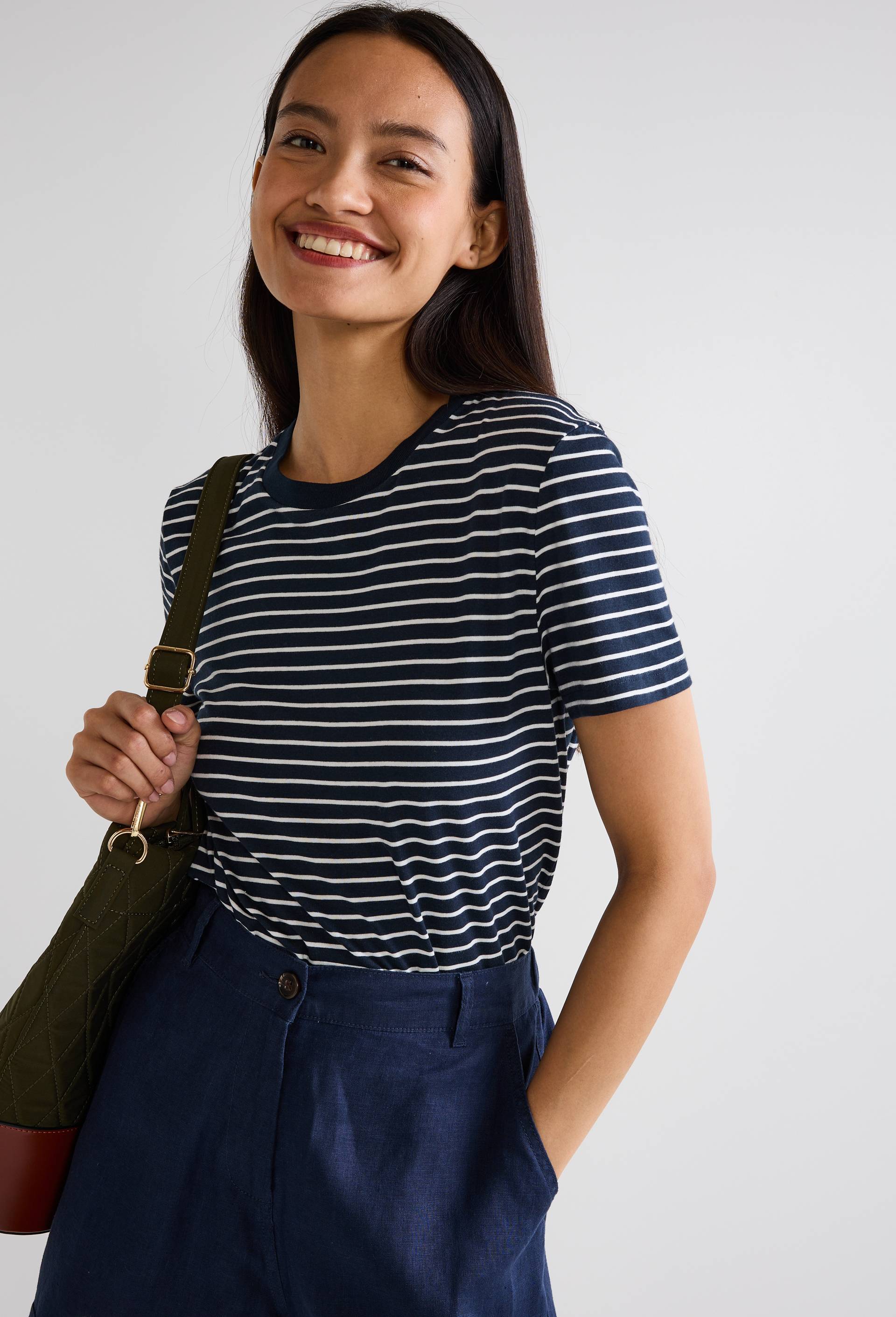 T-shirt manches courtes rayé en coton BIO GOTS, Bleu foncé, swatch image