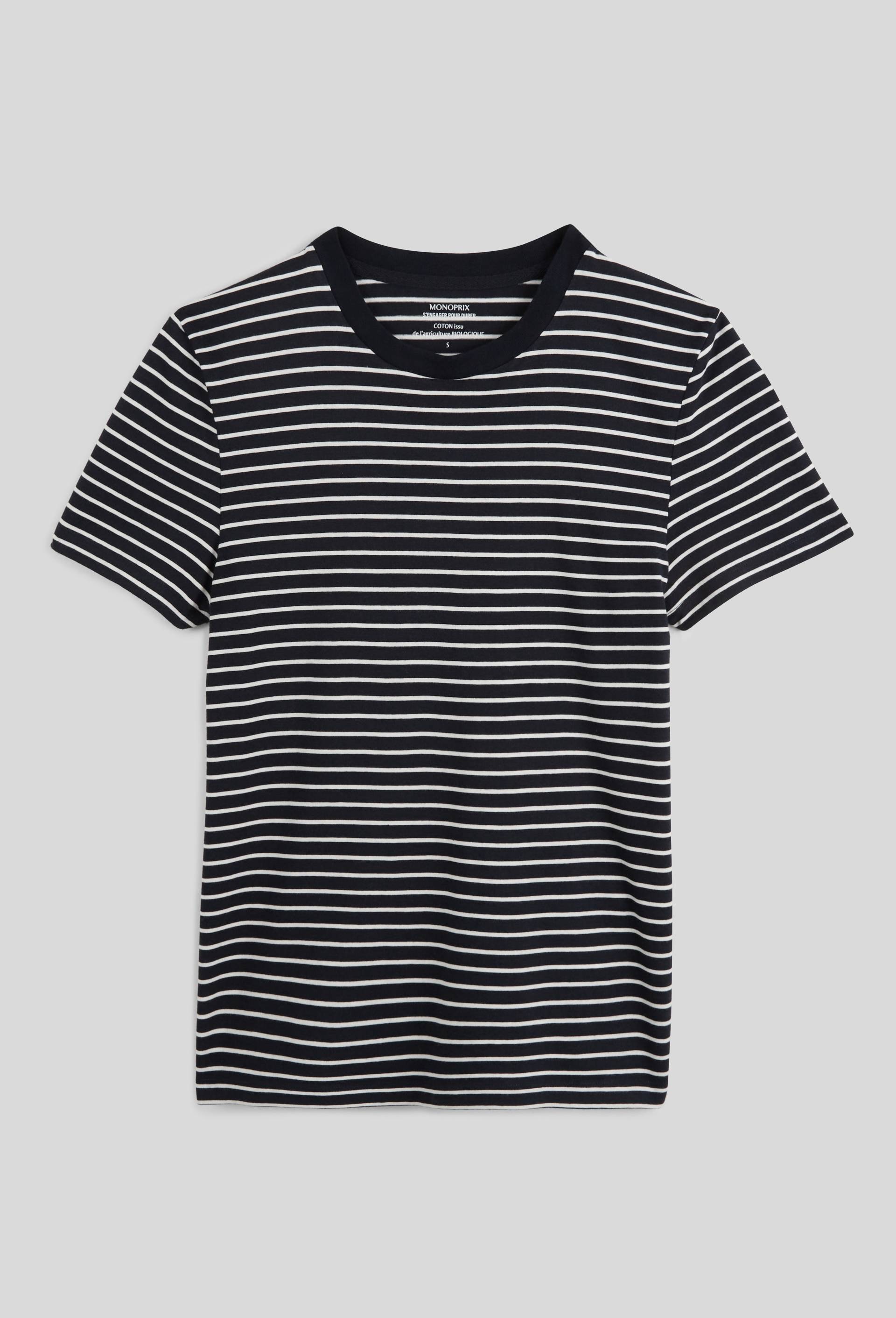 T-shirt manches courtes rayé en coton BIO GOTS, Bleu foncé, large image number 2