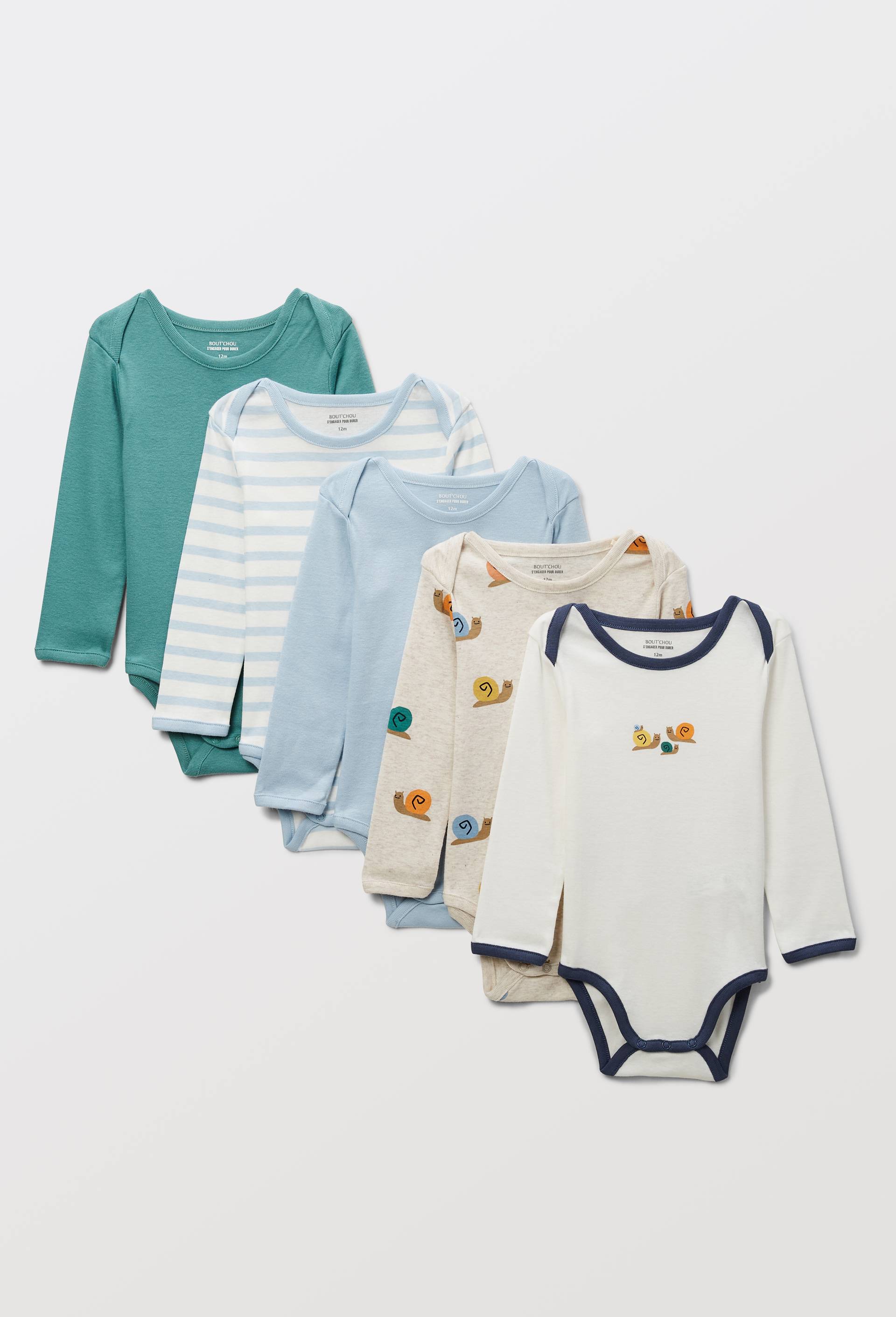 Lot de 5 bodies manches longues imprim&eacute; en coton BIO GOTS, Ecru, large image number 0