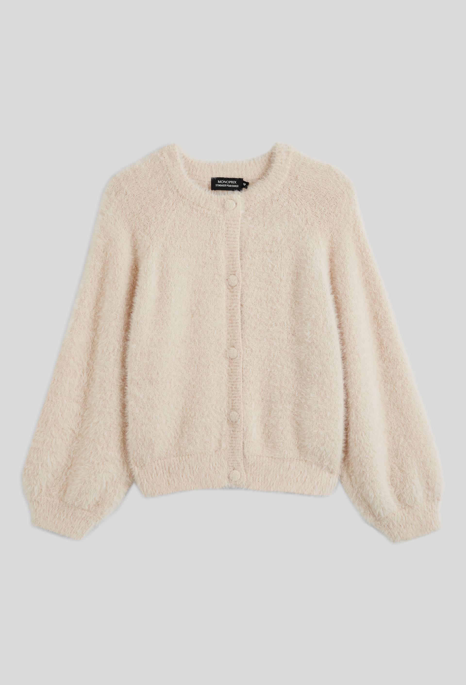 Cardigan uni effet poilu, Ecru, large image number 1