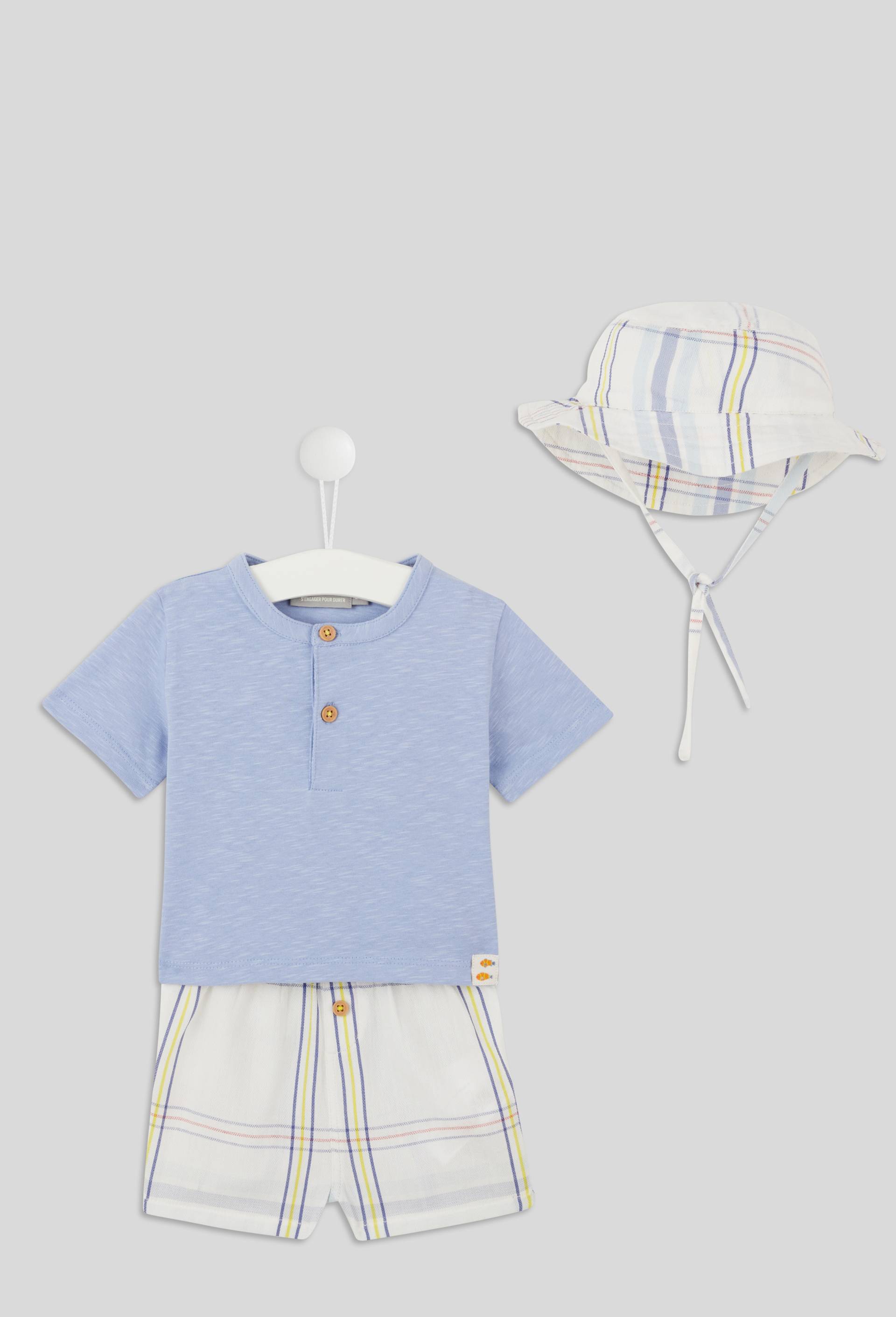 Ensemble tee-shirt uni short imprim&eacute; et bob imprim&eacute; en coton BIO, Bleu, large image number 0