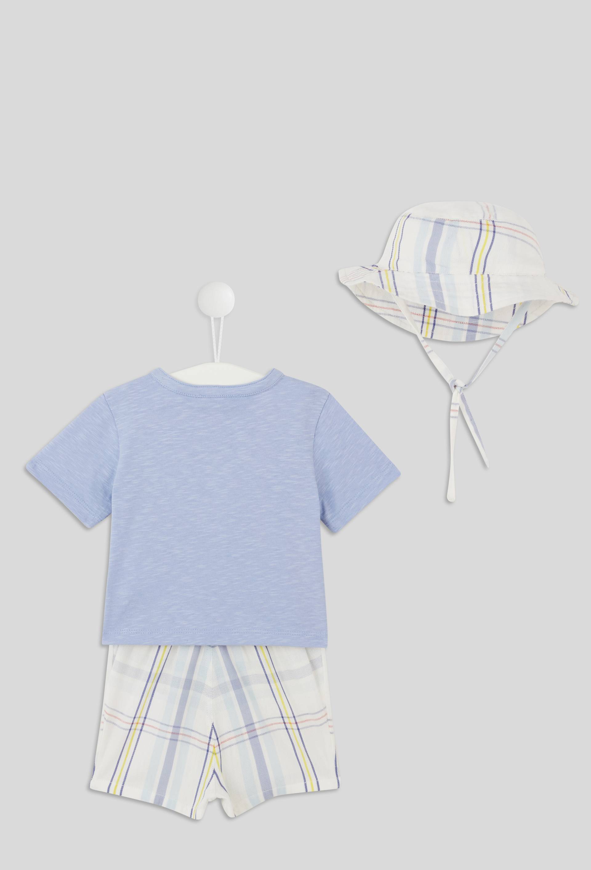 Ensemble tee-shirt uni short imprim&eacute; et bob imprim&eacute; en coton BIO, Bleu, large image number 1