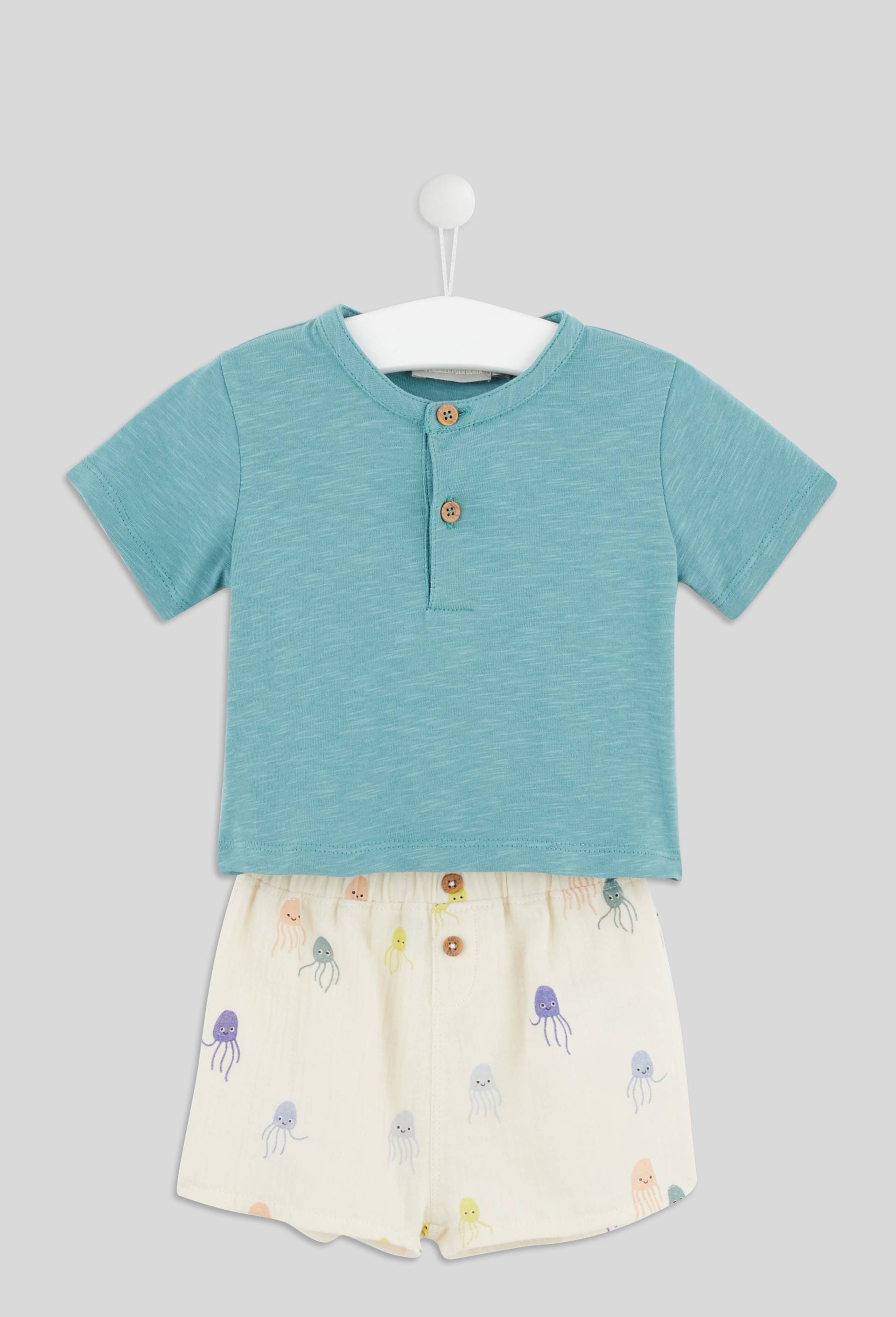Ensemble tee-shirt uni et short imprim&eacute; en coton BIO, Vert, large image number 0