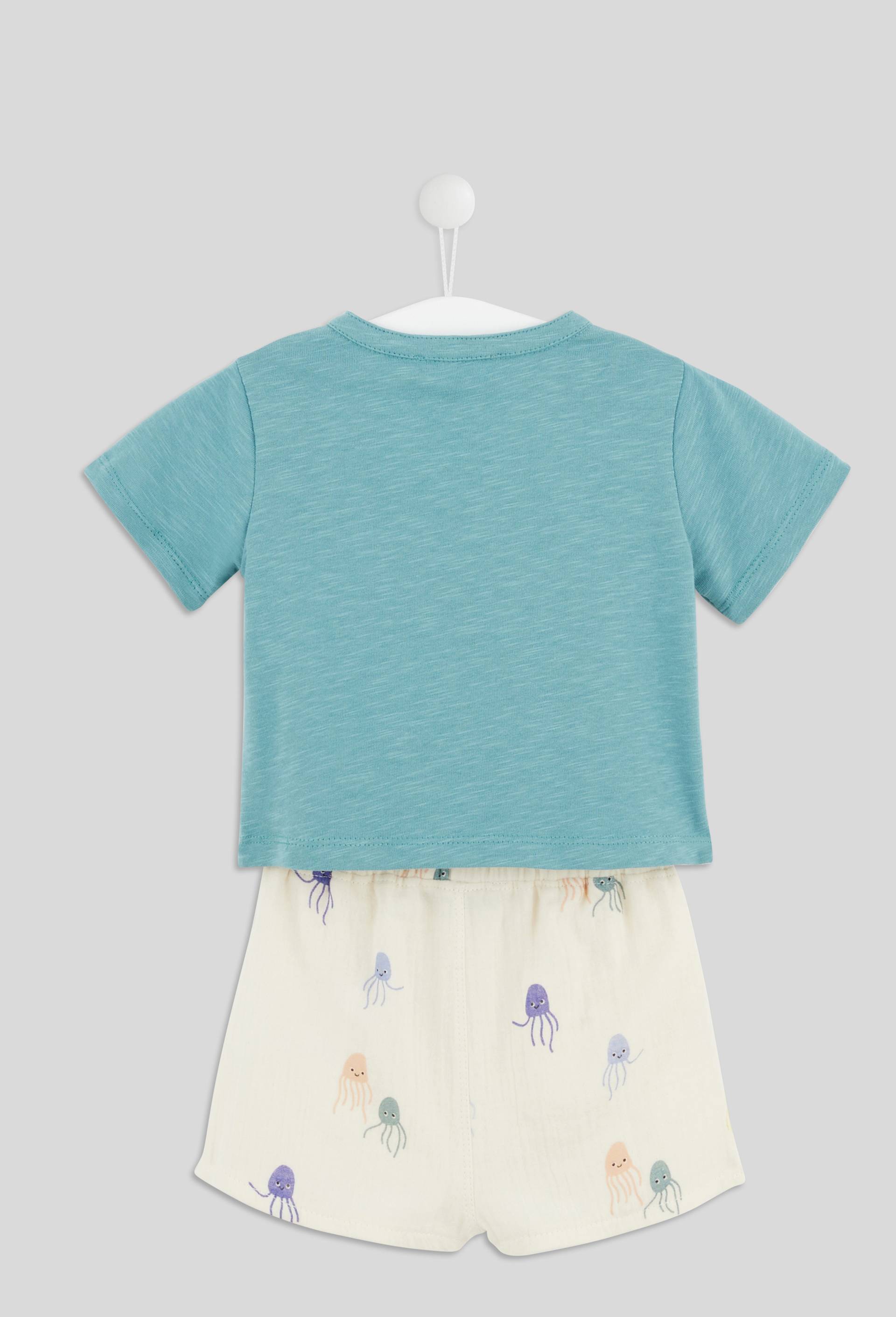 Ensemble tee-shirt uni et short imprim&eacute; en coton BIO, Vert, large image number 1