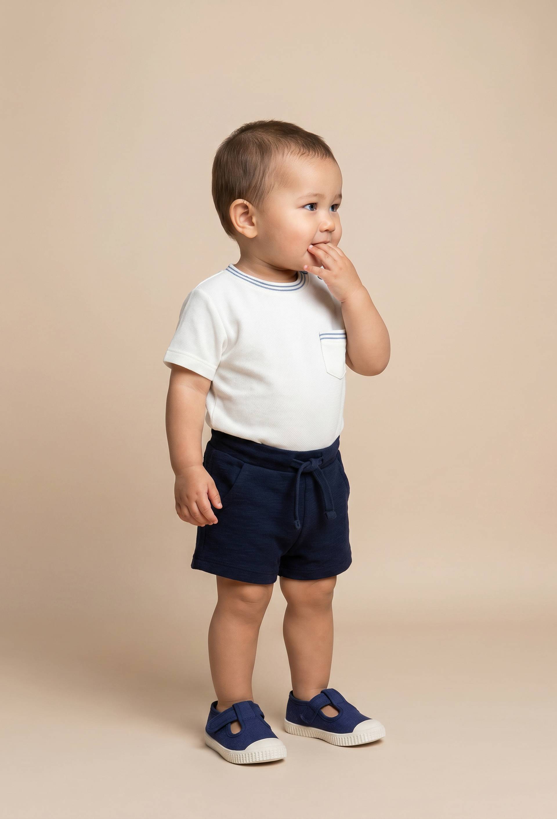 Short taille &eacute;lastique uni en molleton en coton BIO GOTS, Bleu fonc&eacute;, large image number 0