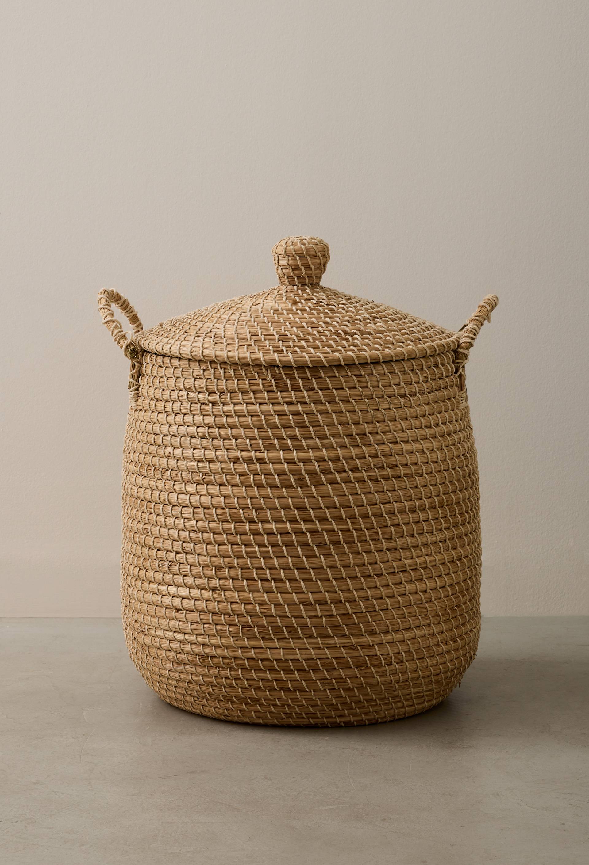 Panier de rangement, 42xH52cm, en jonc de mer et coton, Beige clair, large image number 0