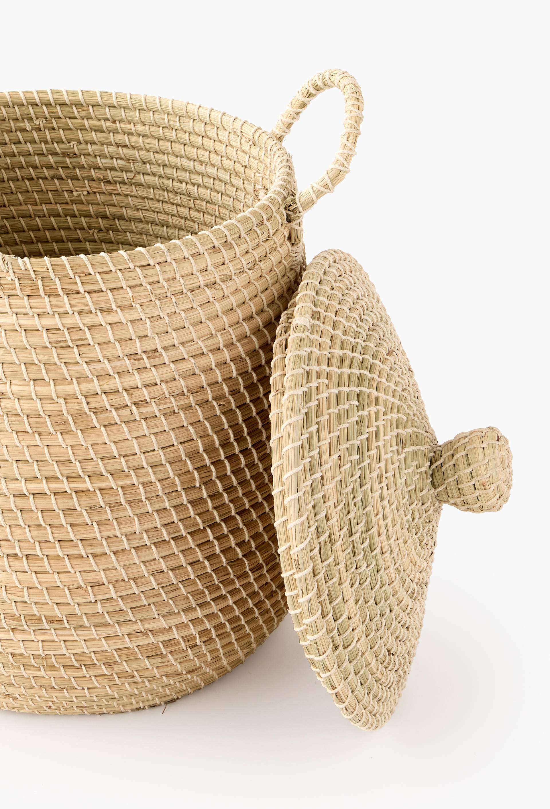 Panier de rangement, 42xH52cm, en jonc de mer et coton, Beige clair, large image number 1