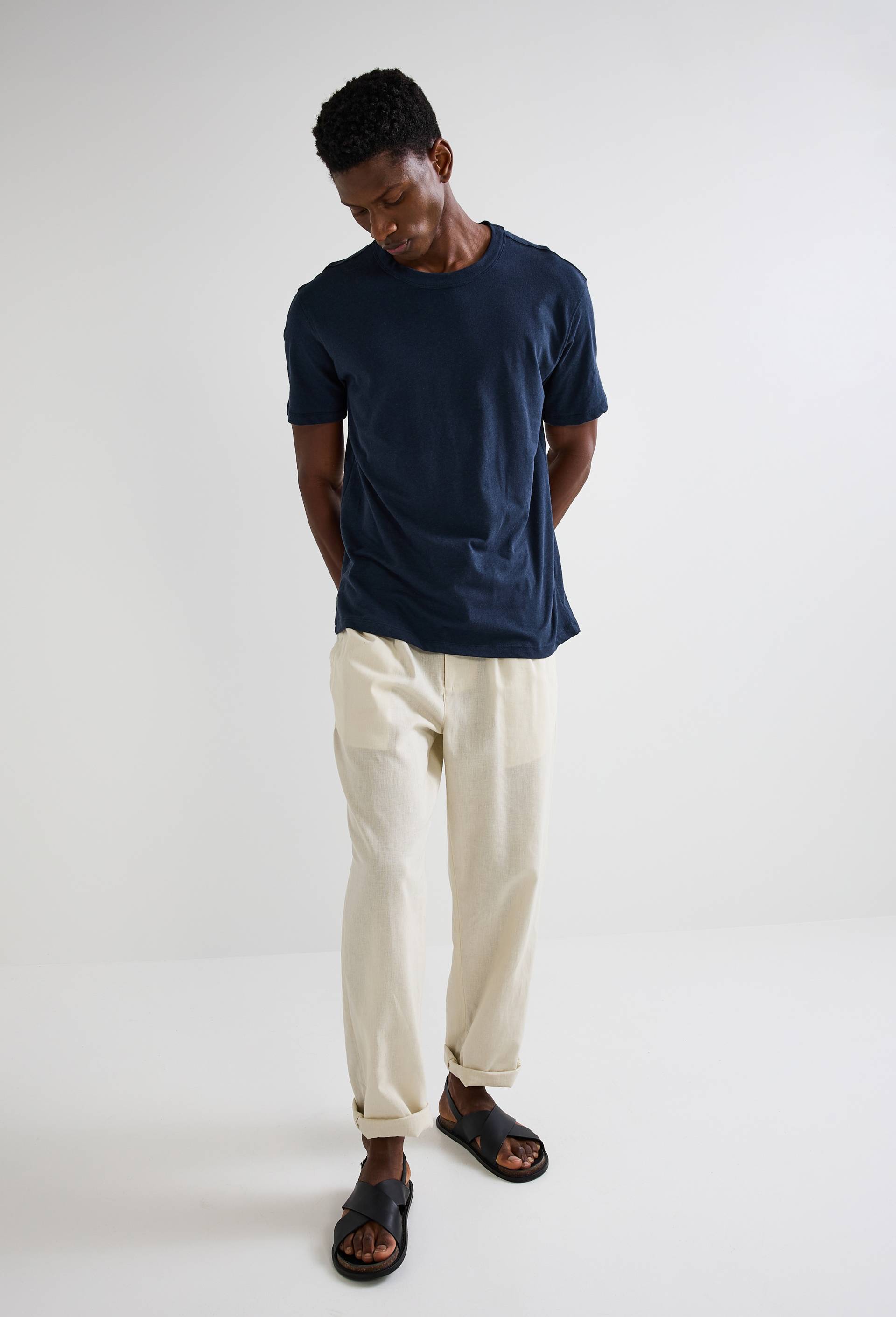 T-shirt manches courtes en mélange coton et lin, Bleu foncé, swatch image