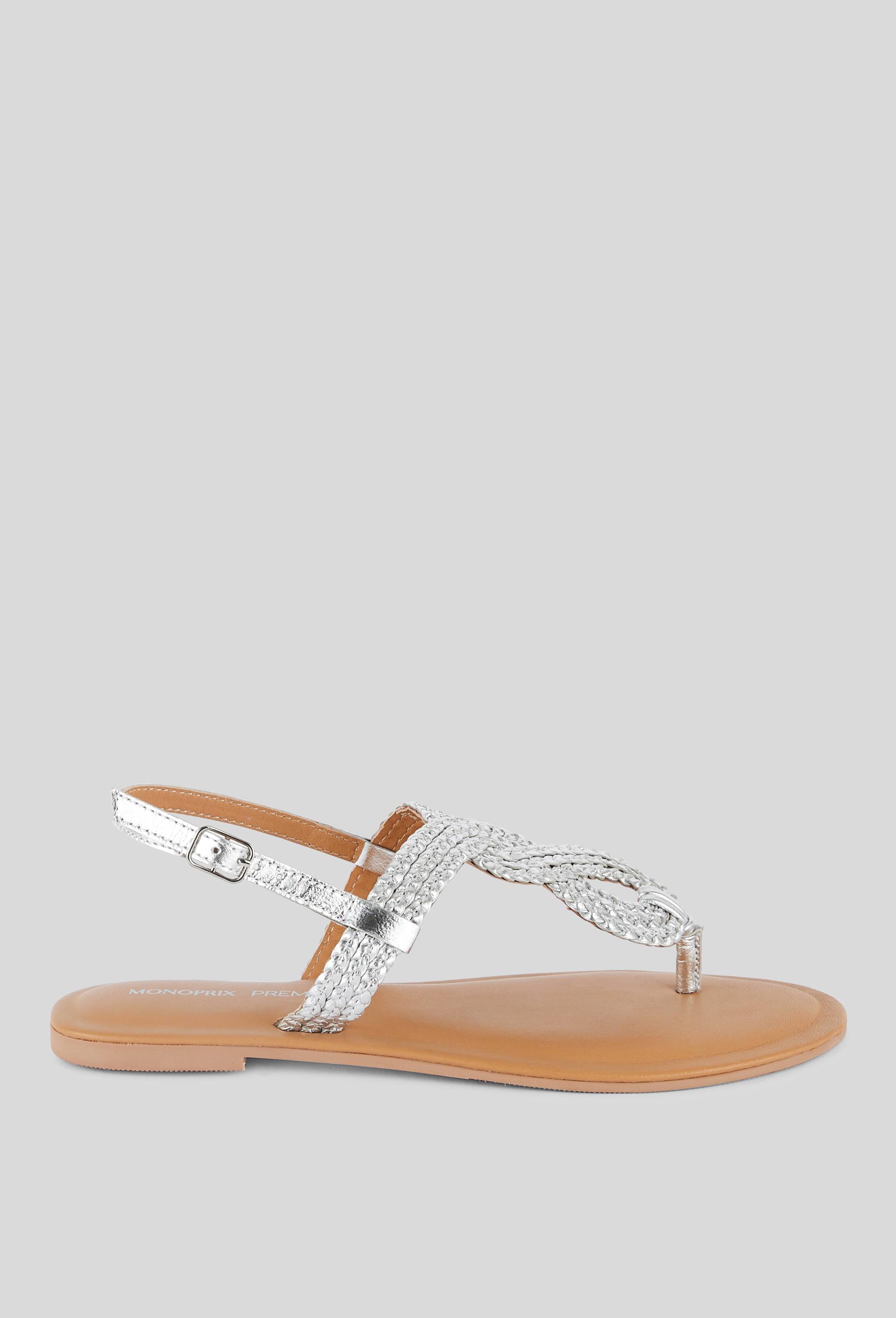 Sandales en cuir tress&eacute;, cuir responsable, Argent, large image number 0