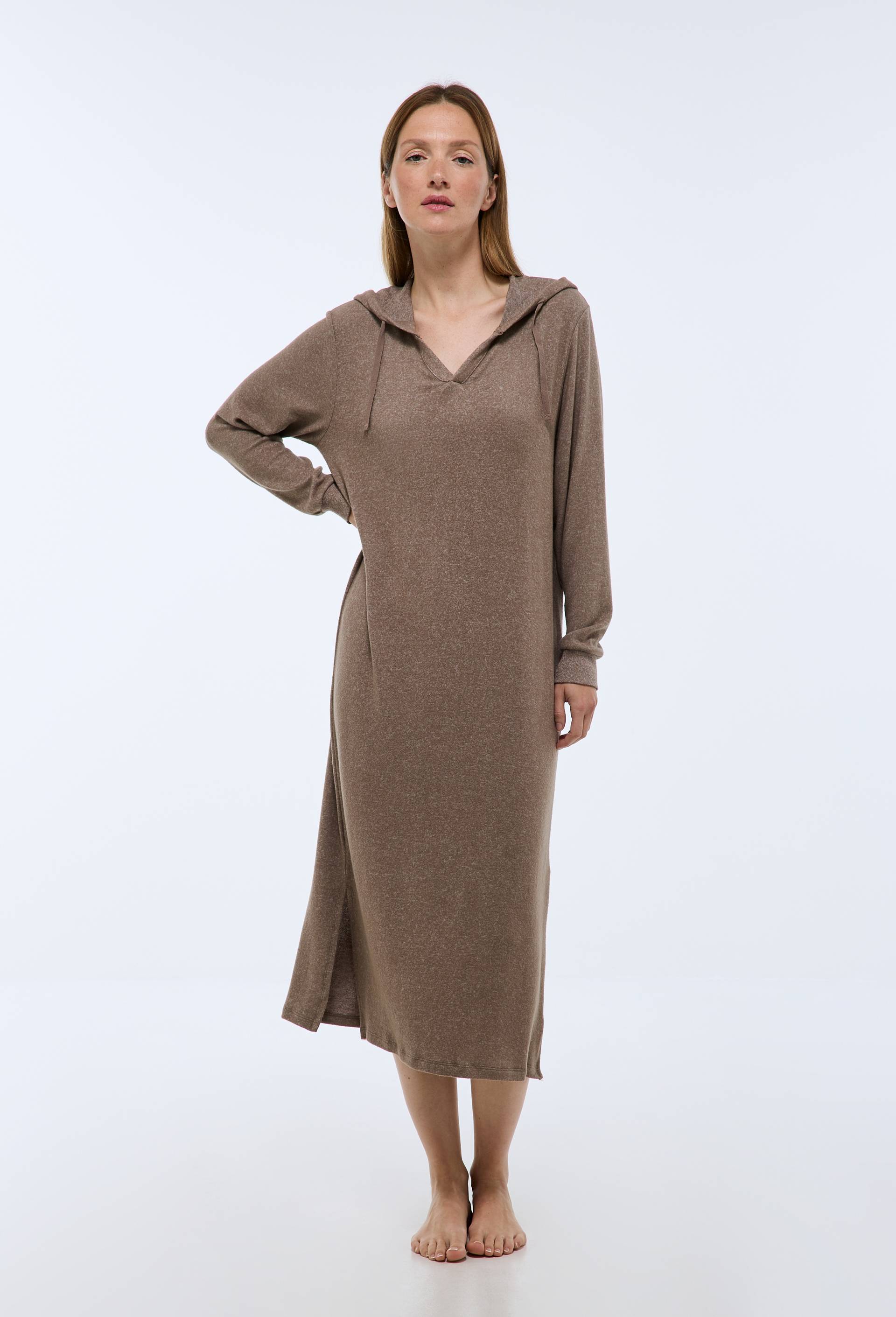 Chemise de nuit longue avec capuche unie, Beige, swatch image