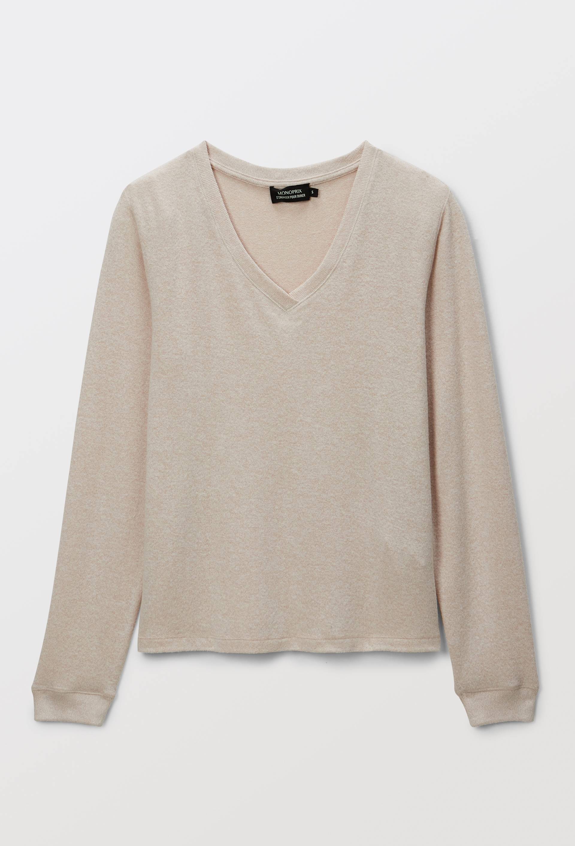 Pull col V uni doux et l&eacute;ger, Beige, large image number 2