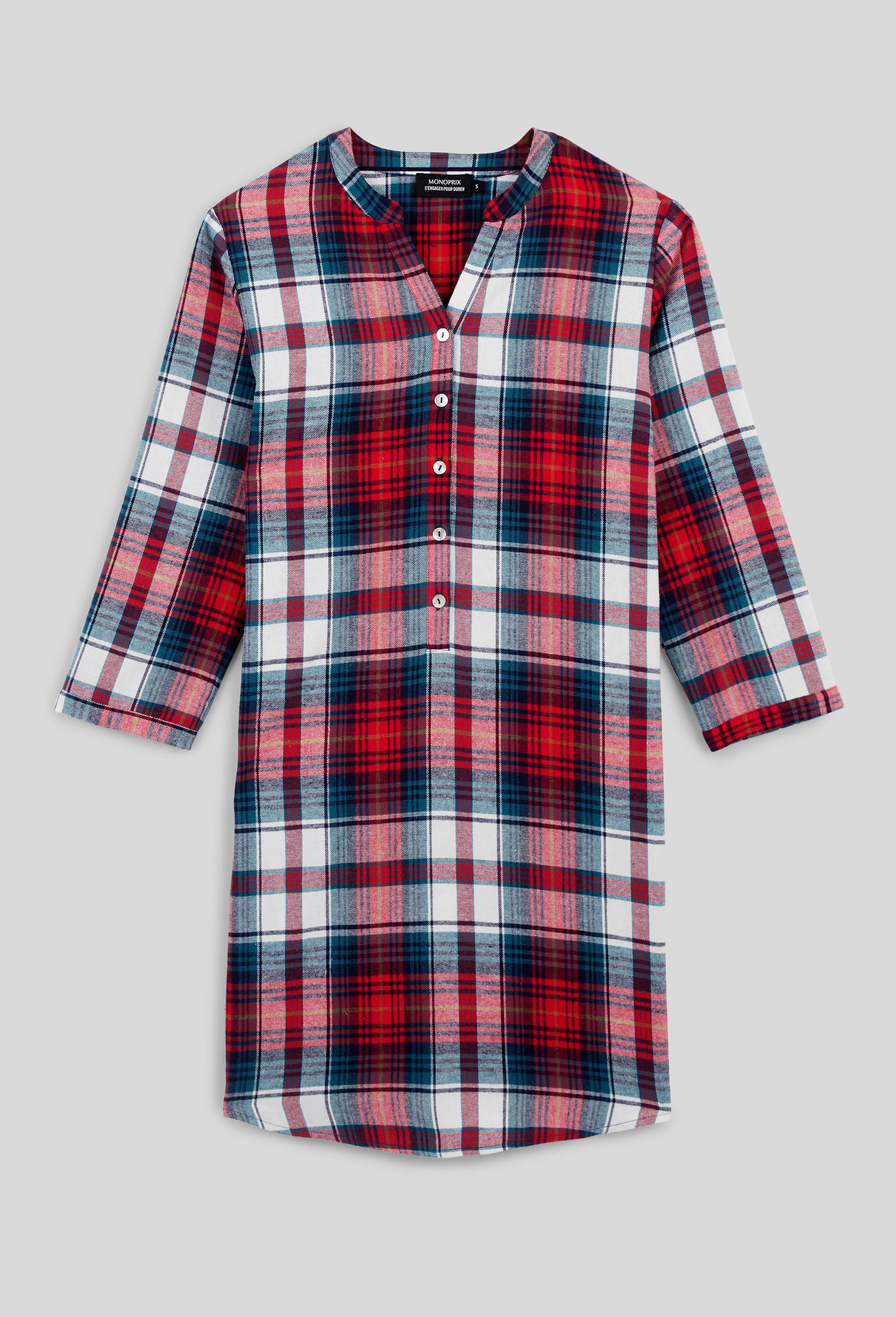 Chemise de nuit &agrave; carreaux en flanelle de coton BIO, Ecru, large image number 2