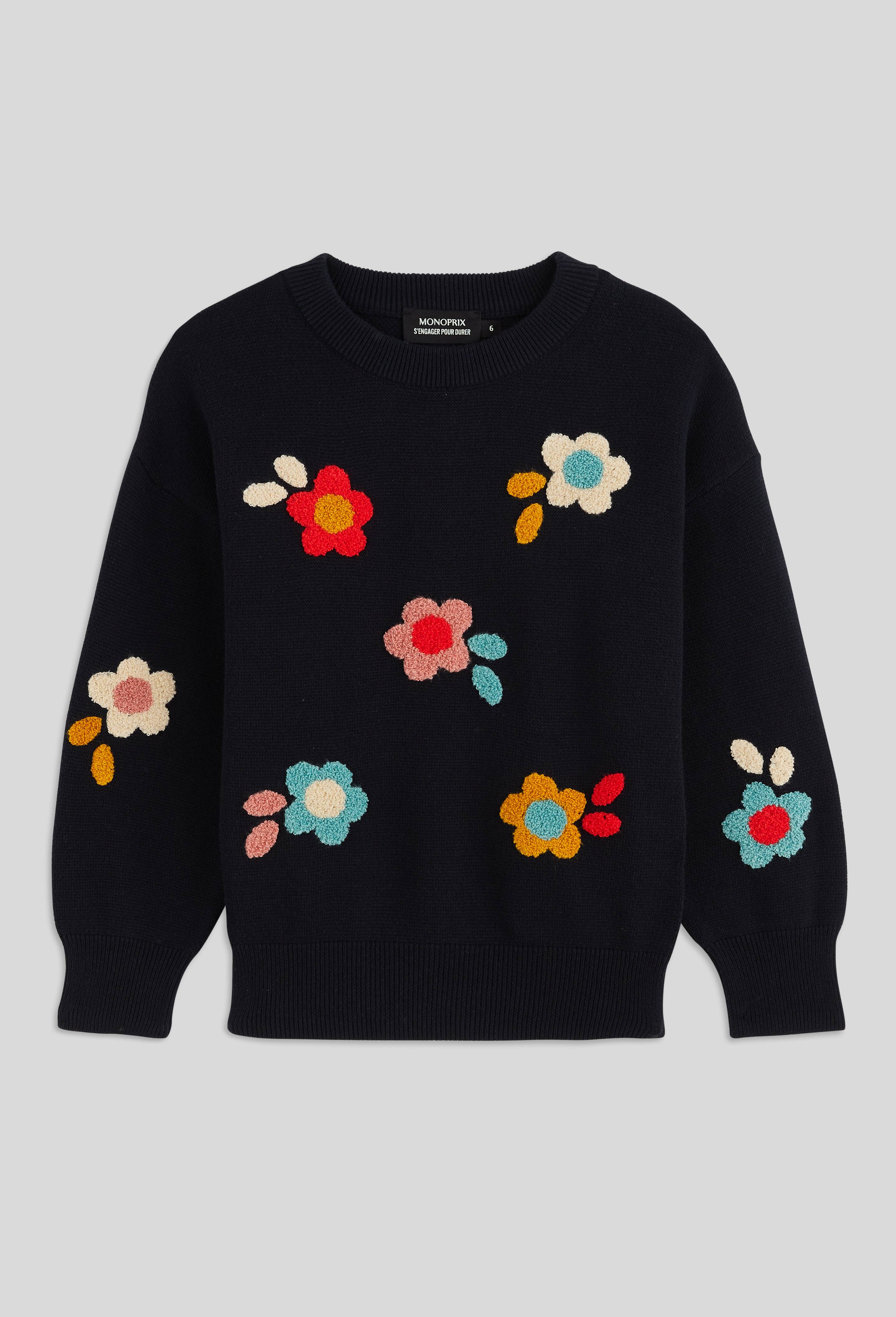 Pull brodé à bouclettes en coton, Bleu foncé, swatch image