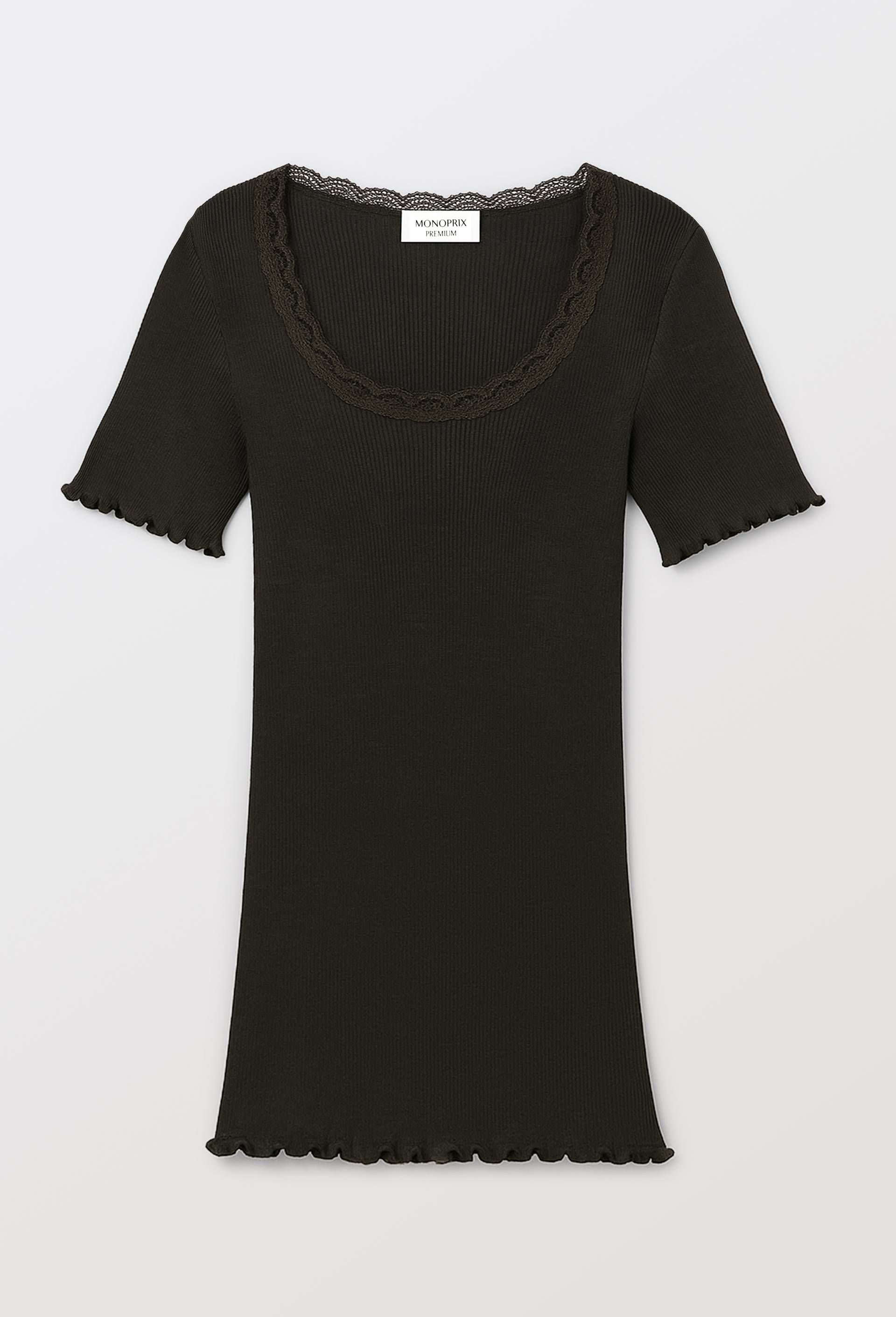 T-shirt manches courtes en laine et soie avec dentelle, Vert fonc&eacute;, large image number 3