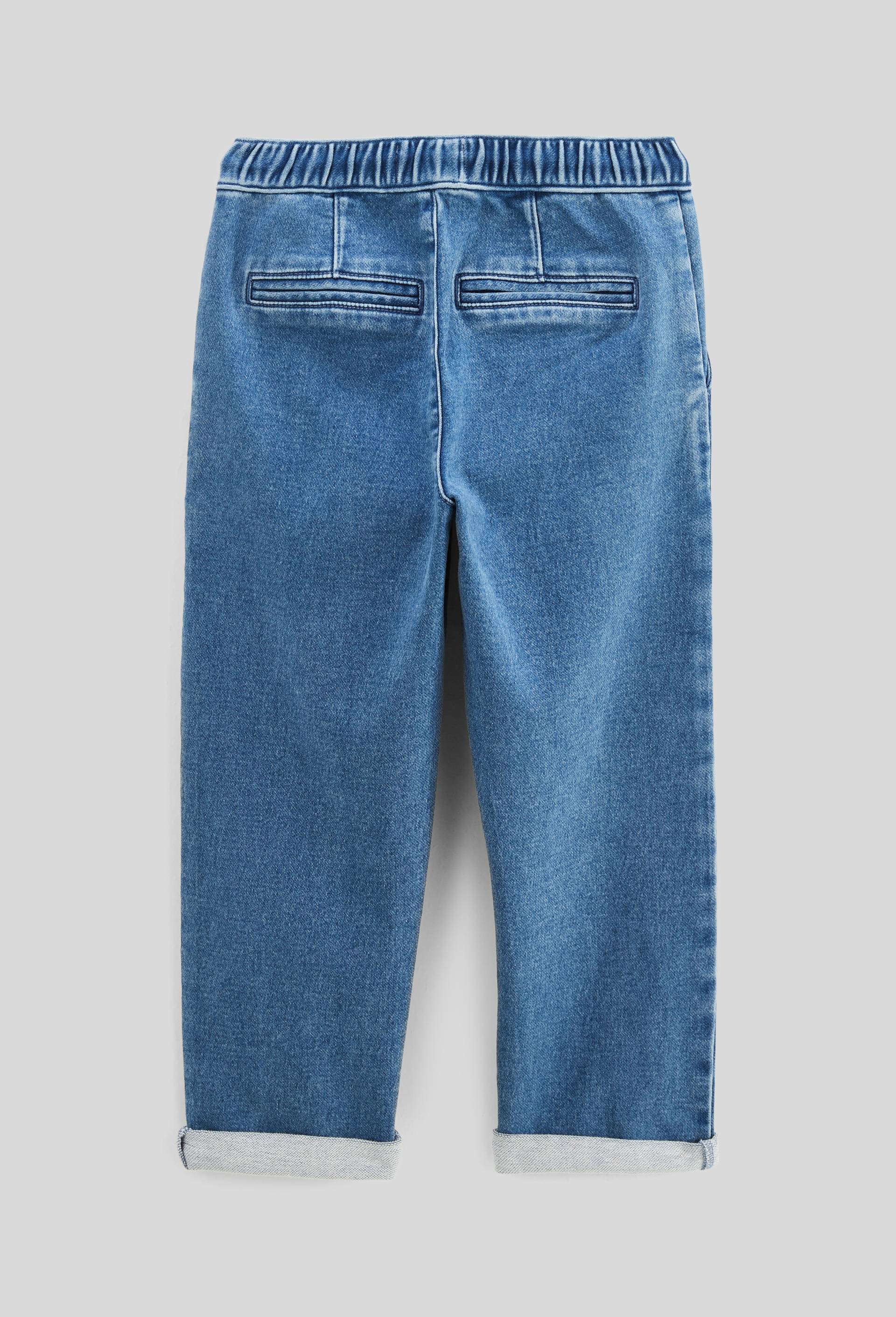 Pantalon droit taille &eacute;lastiqu&eacute;e en maille confort effet denim contenant du coton, Bleu fonc&eacute;, large image number 1