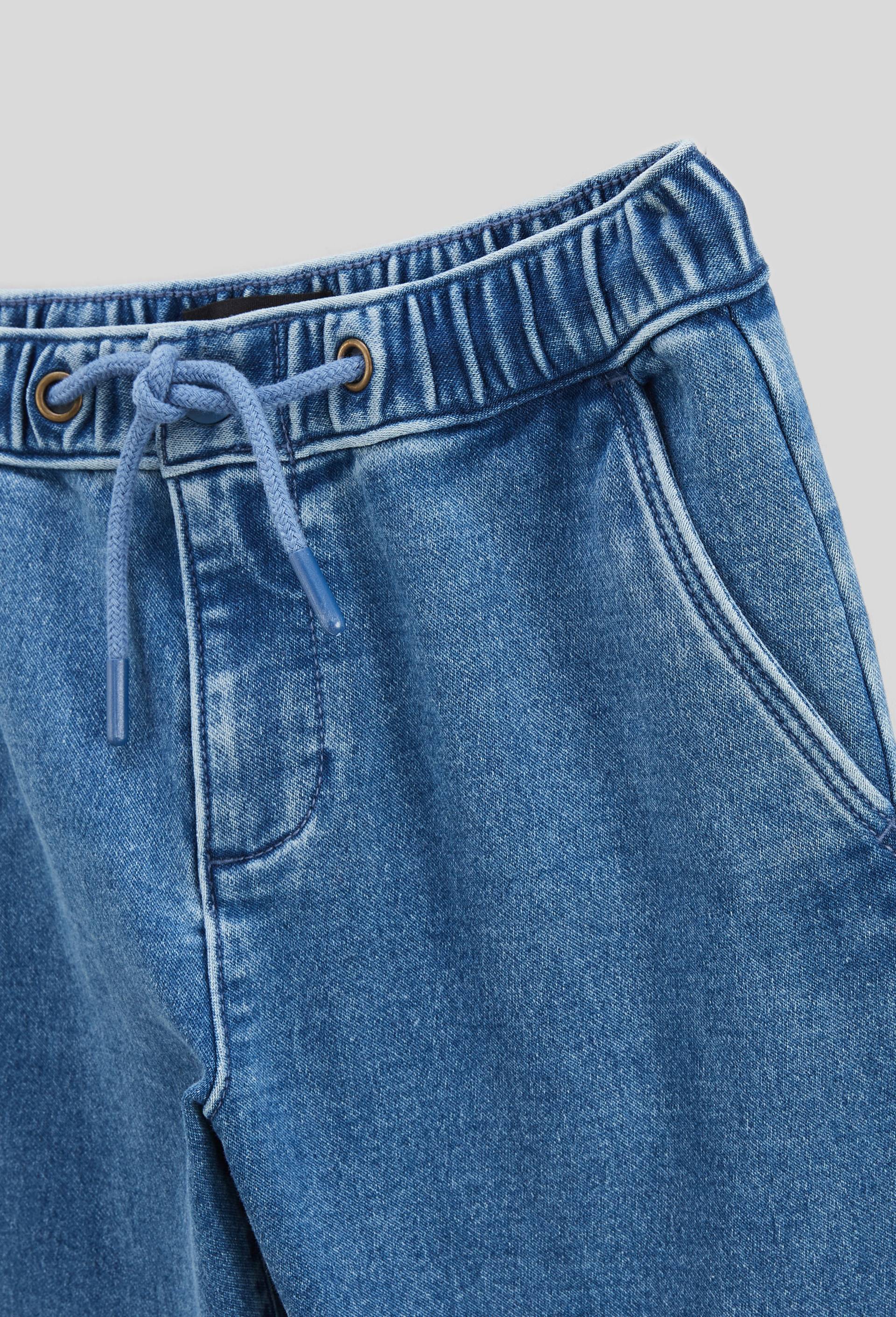 Pantalon droit taille &eacute;lastiqu&eacute;e en maille confort effet denim contenant du coton, Bleu fonc&eacute;, large image number 2.0