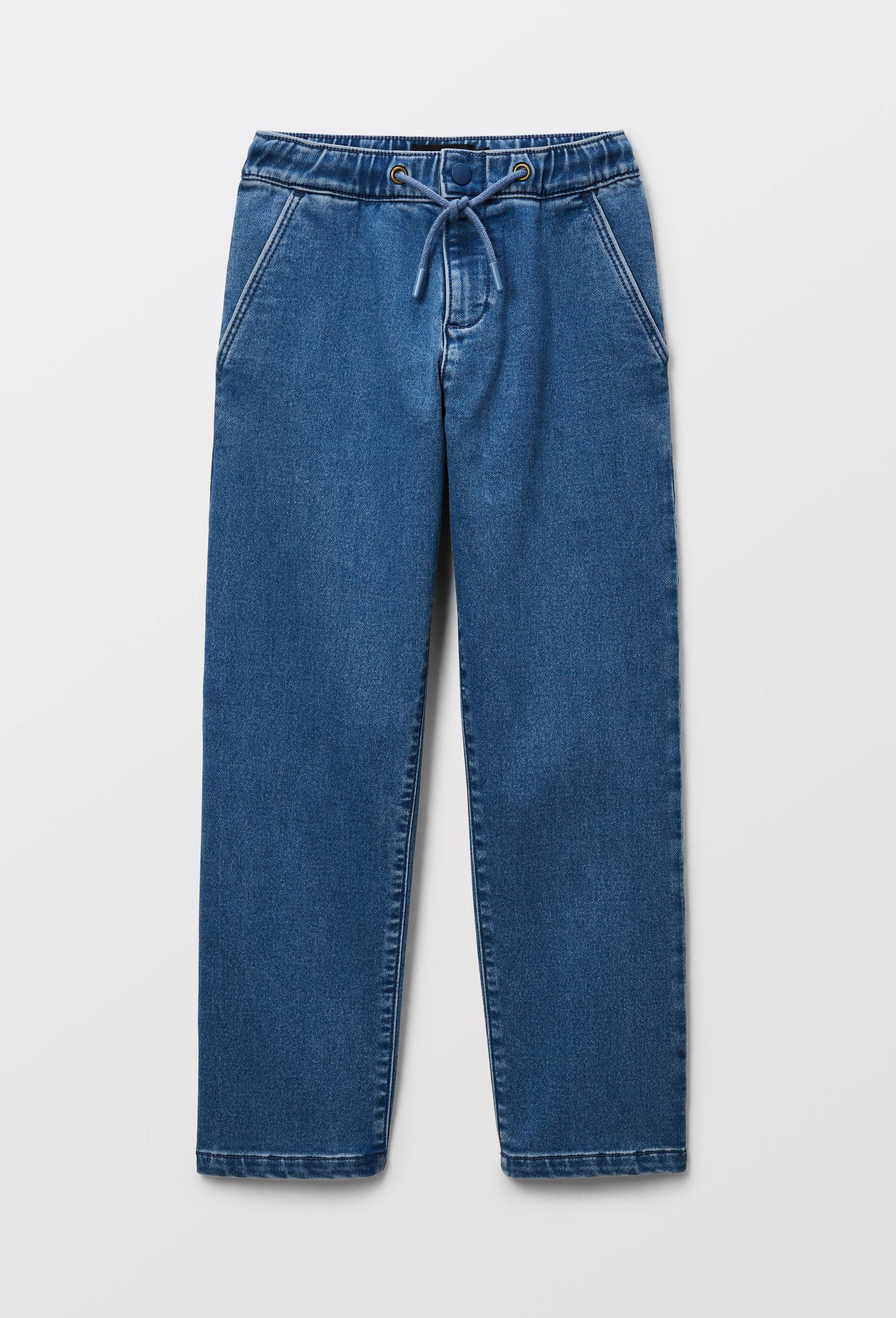 Pantalon droit taille &eacute;lastiqu&eacute;e en maille confort effet denim contenant du coton, Bleu fonc&eacute;, large image number 3.0